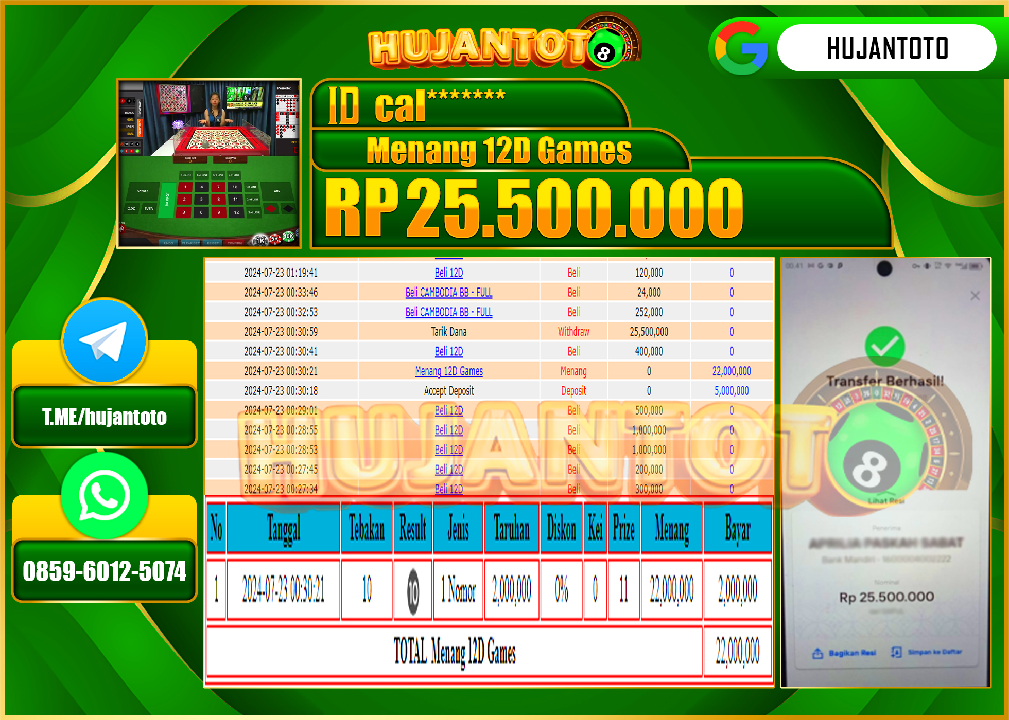 HUJANTOTO MENANG PERMAINAN LIVE CASINO 12D GAMES  25.500.000 - LUNAS 