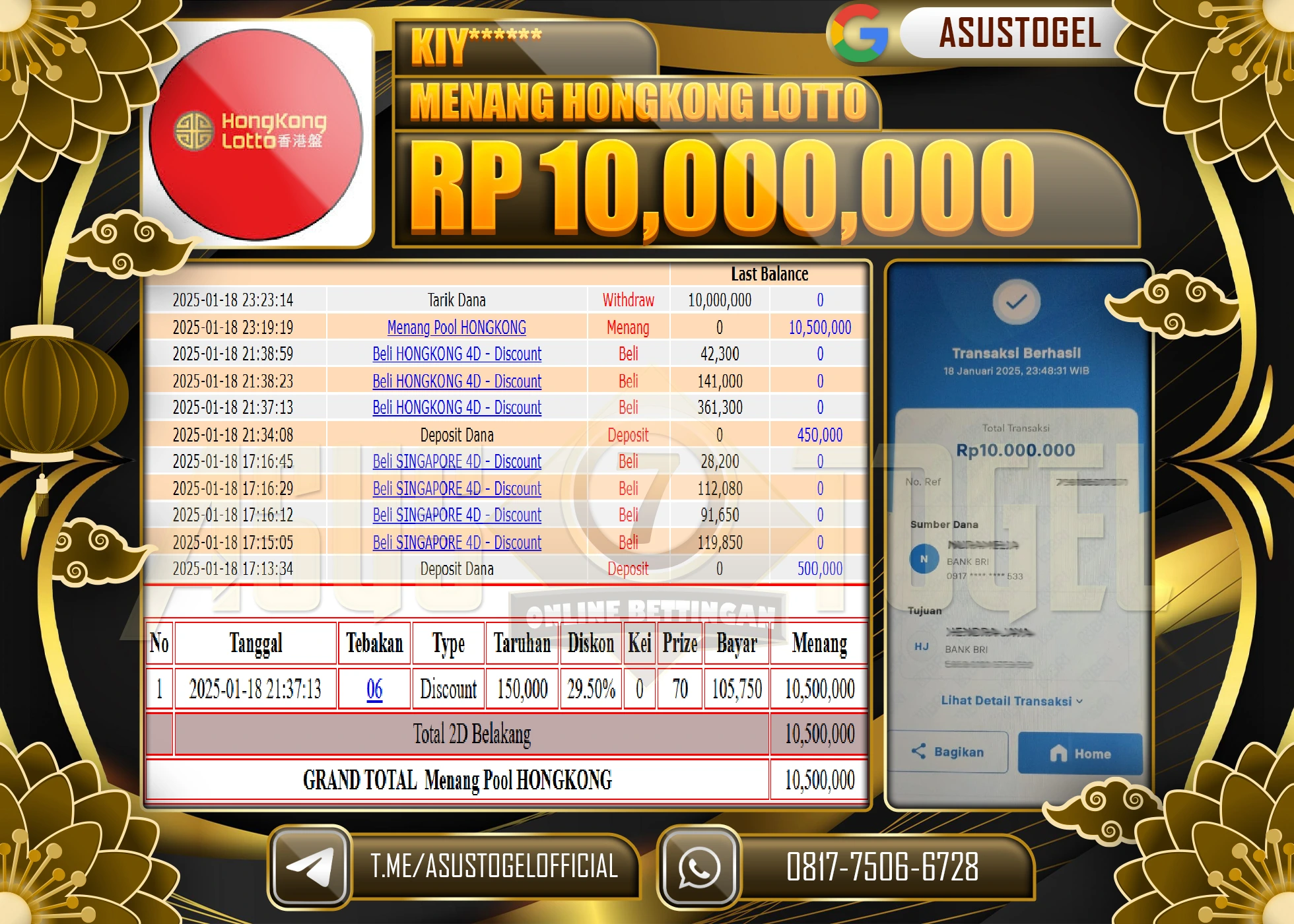 ASUSTOGEL KEMENANGAN DI HONGKONG LOTTO SEBESAR 10.000.000 - RUPIAH LUNAS