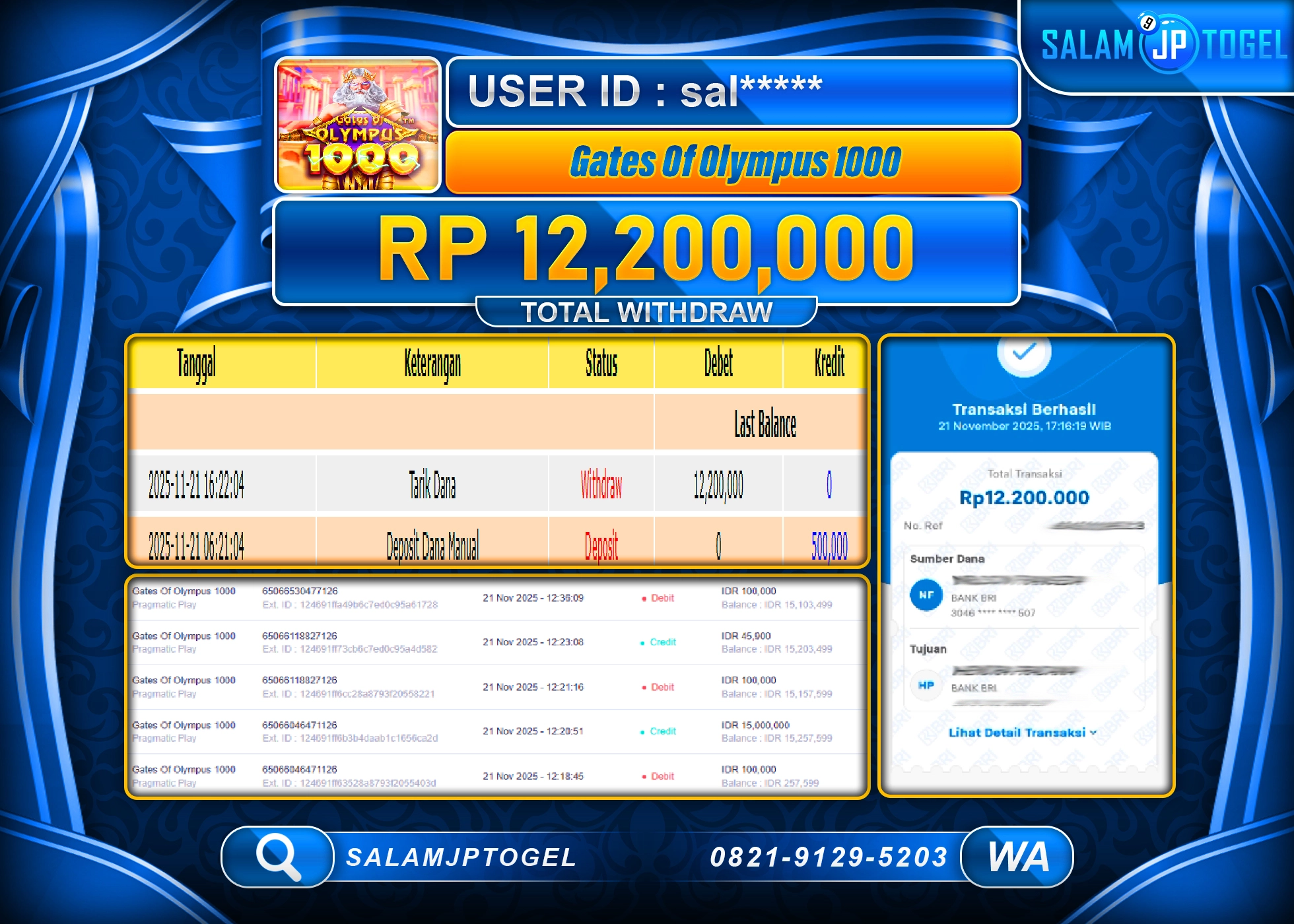 SALAMJPTOGEL MENANG SLOT Gates Of Olympus 1000 Rp.12,200,000  - LUNAS