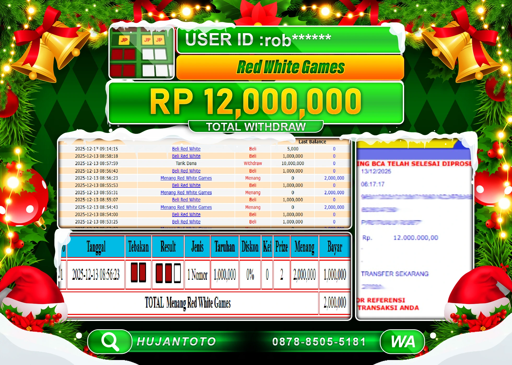 HUJANTOTO - BUKTI JACKPOT MENANG LIVEGAME RED WHITE GAMES Rp.12,000,000 - TERBAYAR LUNAS