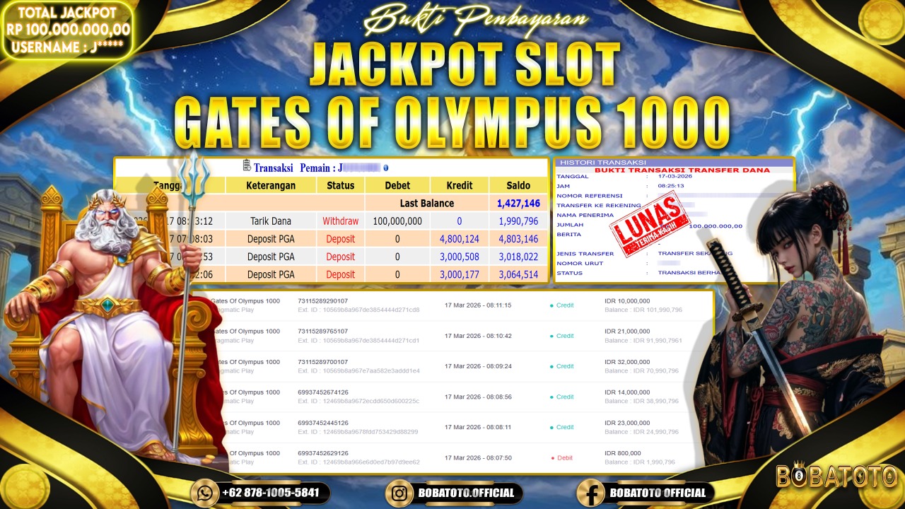 BOBATOTO JACKPOT SLOT PRAGMATIC GATES OF OLYMPUS 1000 Rp.100,000,000,- LUNAS!!