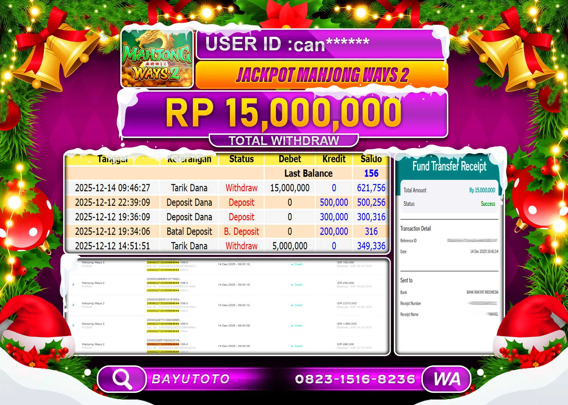 SELAMAT MEMBER SETIA BAYUTOTO JACKPOT DI SLOT MAHJONG WAYS 2 (PGSoft) Rp. 15,000,000 LUNAS