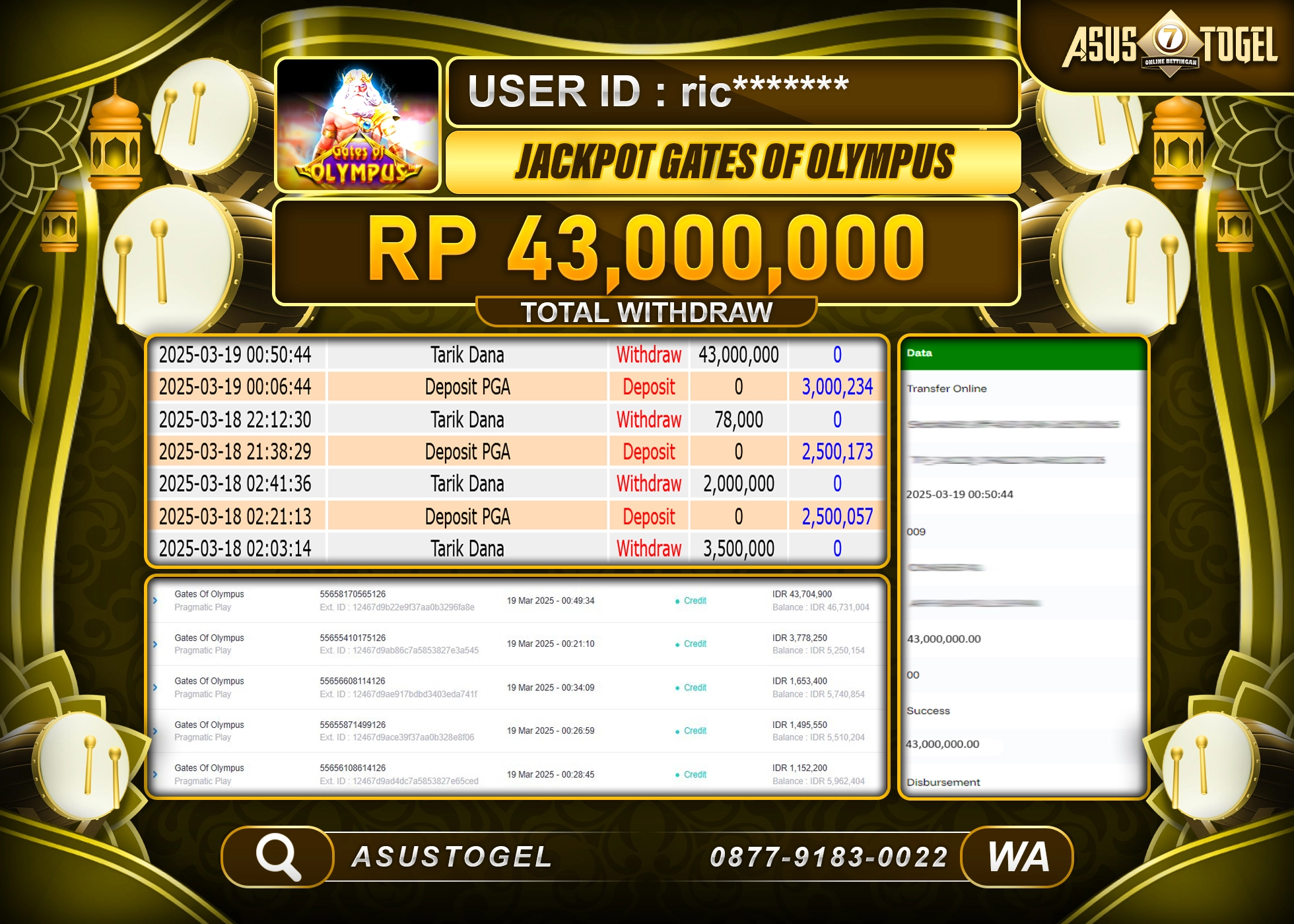 ASUSTOGEL KEMENANGAN DI SLOT GATES OF OLYMPUS SEBESAR 43,000,000- RUPIAH LUNAS