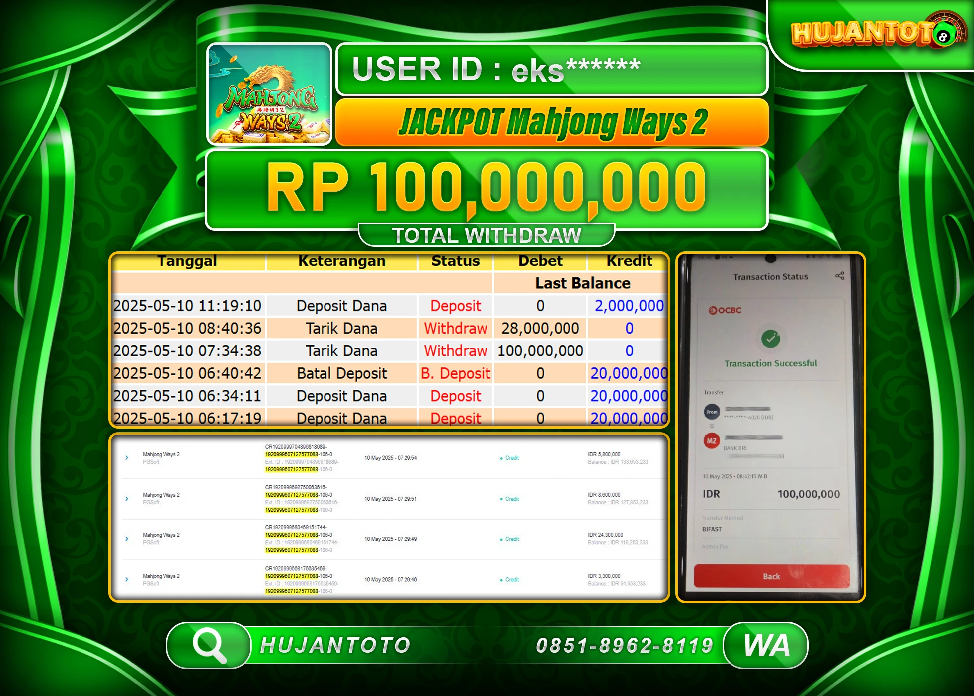 HUJANTOTO - BUKTI JACKPOT MENANG SLOT MAHJONG WAYS 2 PG SOFT Rp,100,000,000 - TERBAYAR LUNAS