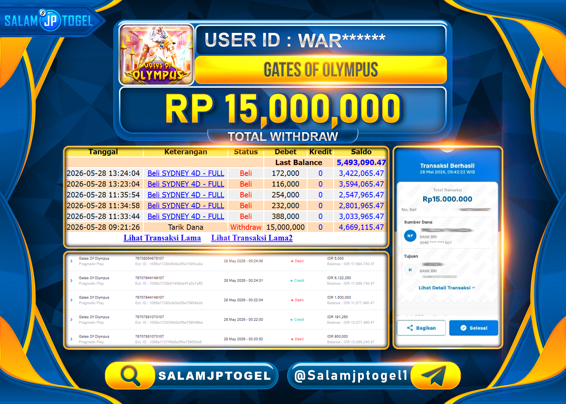 SALAMJPTOGEL JACKPOT menang Gates Of Olympus (Playmatic) Rp.15,000,000 - LUNAS