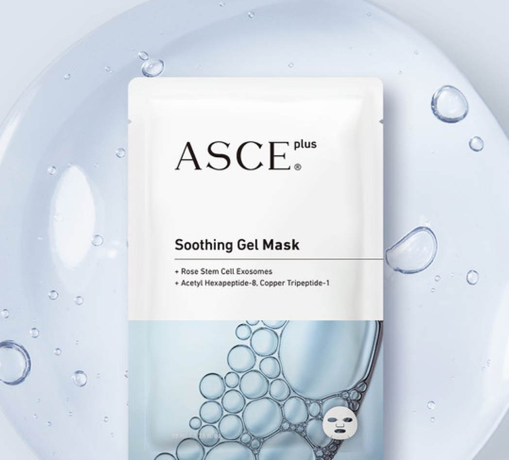 ASCE Plus Soothing Gel Mask packaging with water droplets in the background.