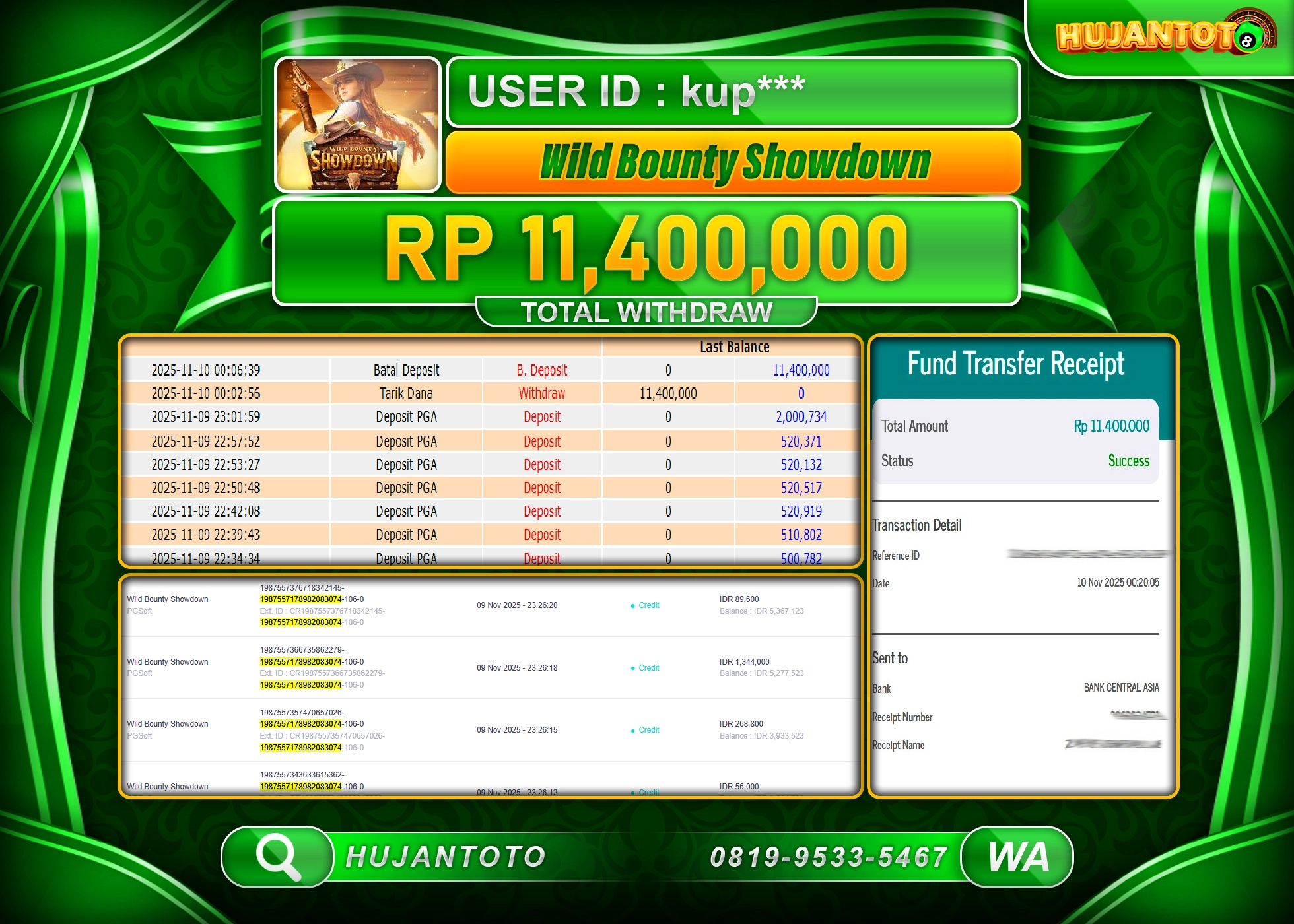 HUJANTOTO - BUKTI JACKPOT MENANG WILD BOUNTY SHOWDOWN Rp.11,400,000 - TERBAYAR LUNAS