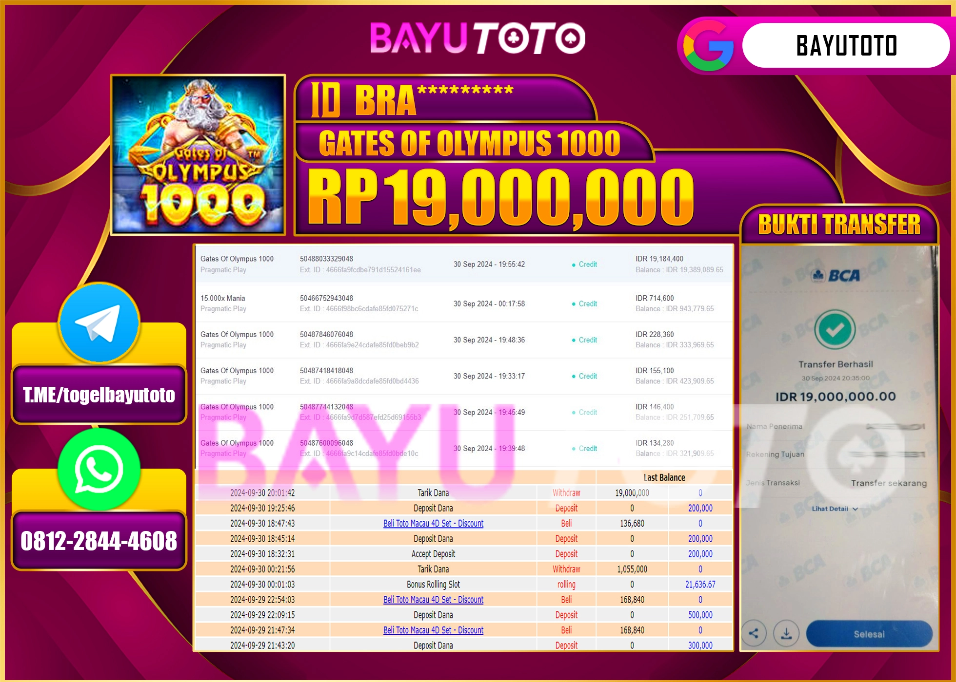 BAYUTOTO MENANG SLOT GATES OF OLYMPUS 1000 19,000,000 - LUNAS