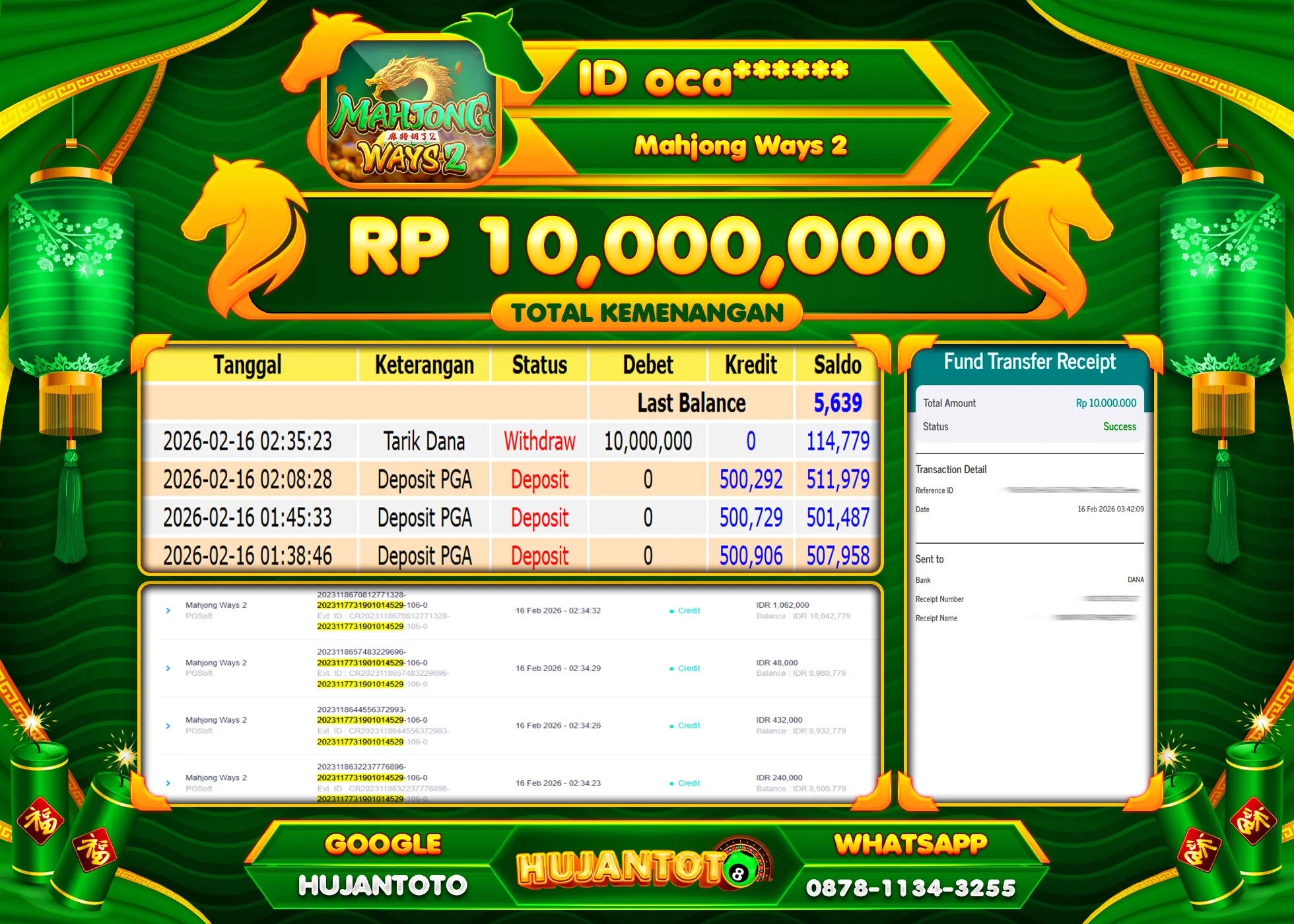 HUJANTOTO - BUKTI JACKPOT MENANG SLOT MAHJONG WAYS 2 Rp.10,000,000 - TERBAYAR LUNAS