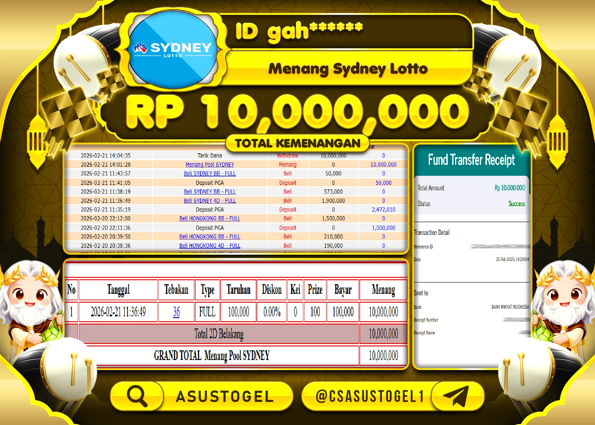 ASUSTOGEL KEMENANGAN DI TOGEL SYDNEY LOTTO SEBESAR 10,000,000 - RUPIAH LUNAS