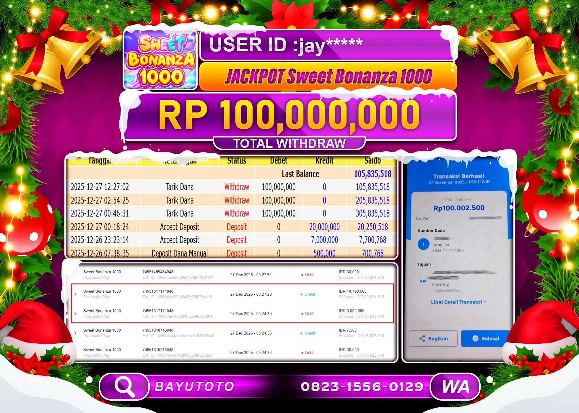 SELAMAT MEMBER SETIA BAYUTOTO JACKPOT DI SLOT SWEET BONANZA 1000 Rp. 100,000,000 LUNAS