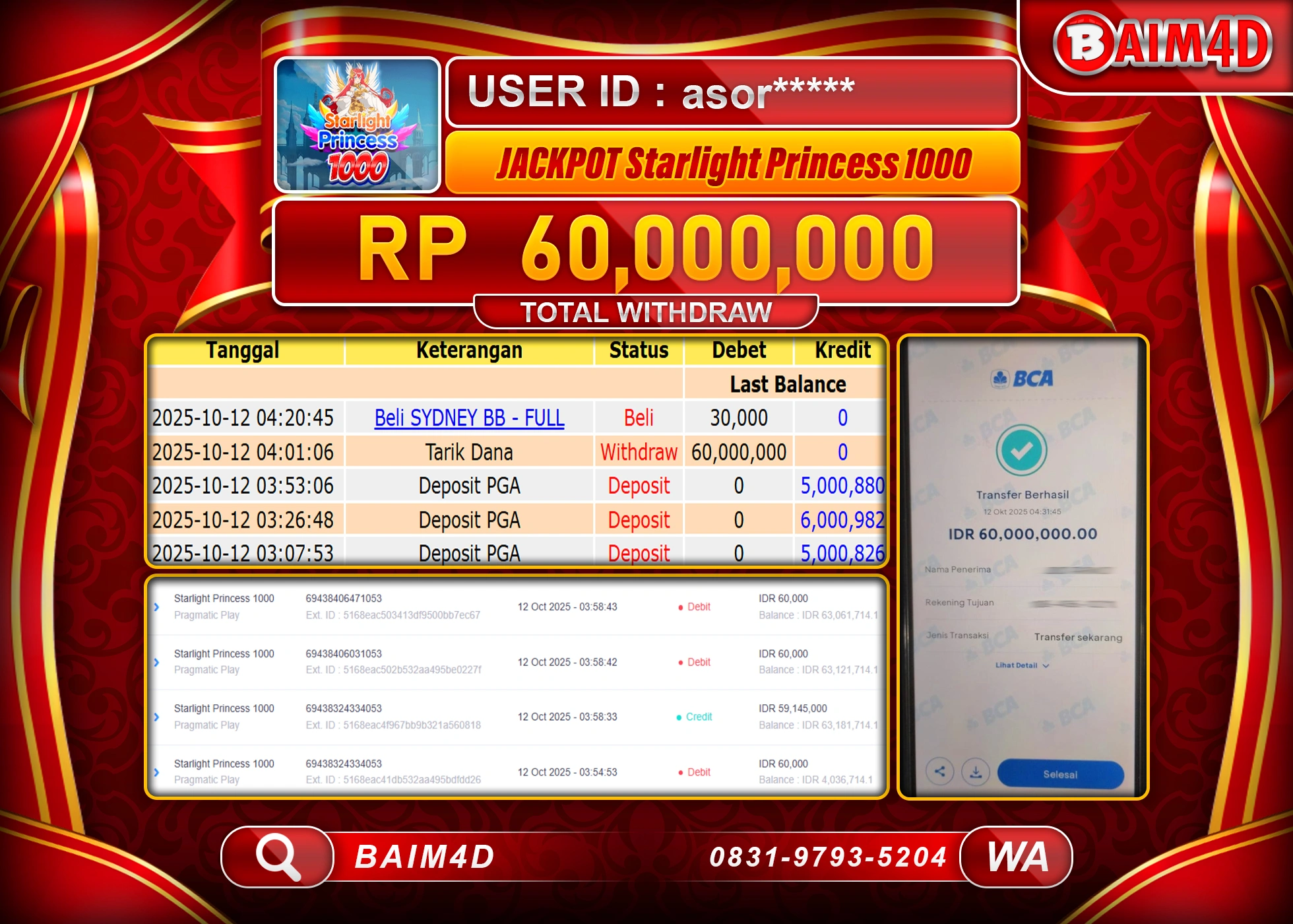 BAIM4D JACKPOT STARLIGHT PRINCESS 1000 Rp.60,000,000.- LUNAS