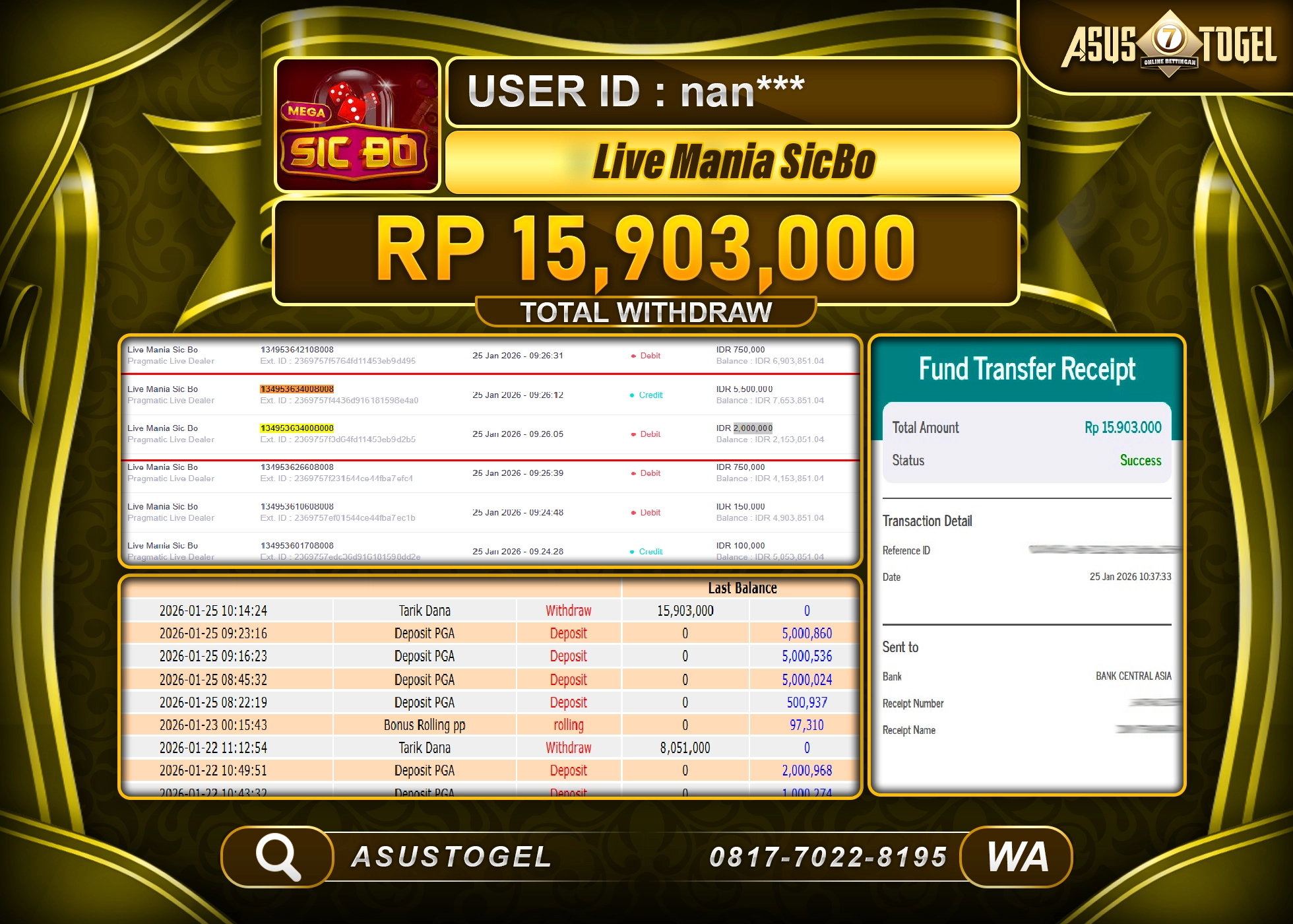 ASUSTOGEL KEMENANGAN DI SLOT MANIA SICBO SEBESAR 15,903,000 - RUPIAH LUNAS