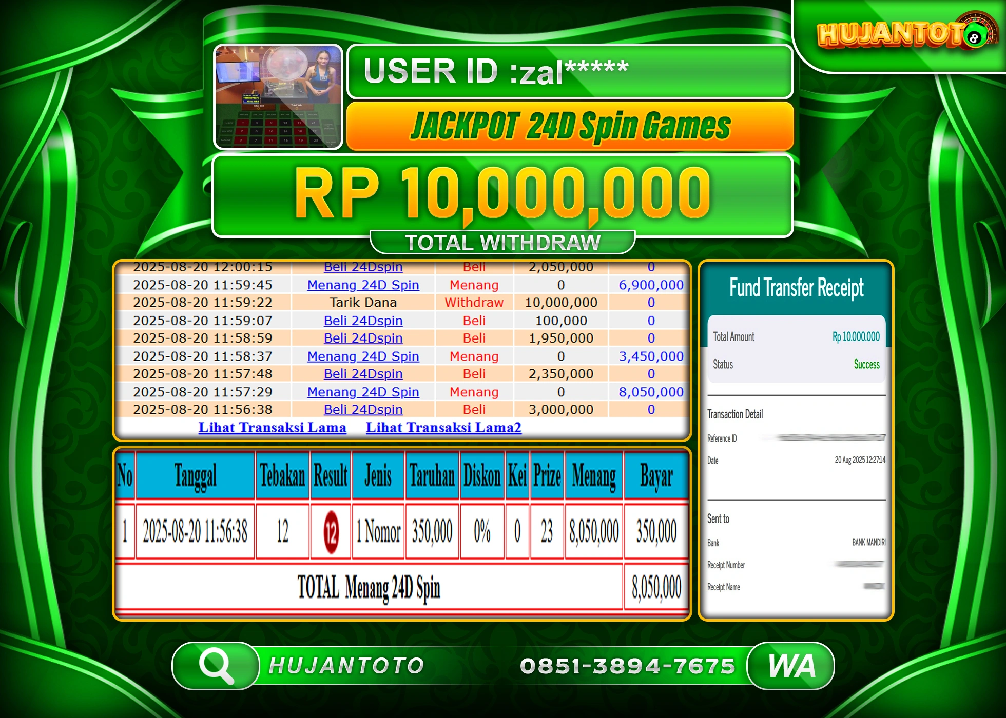HUJANTOTO - BUKTI JACKPOT MENANG LIVEGAME 24D SPIN GAMES Rp.10,000,000 - TERBAYAR LUNAS