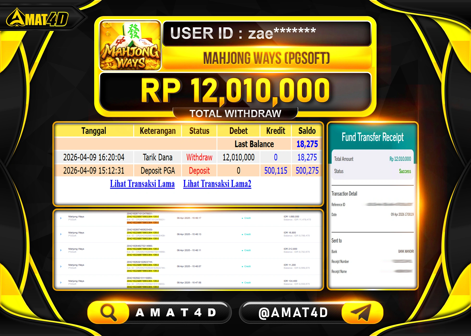 AMAT4D KEMENANGAN MENANG DI MAHJONG WAYS PG SOFT  Rp.12,010,000 BERHASIL TERBAYAR LUNAS