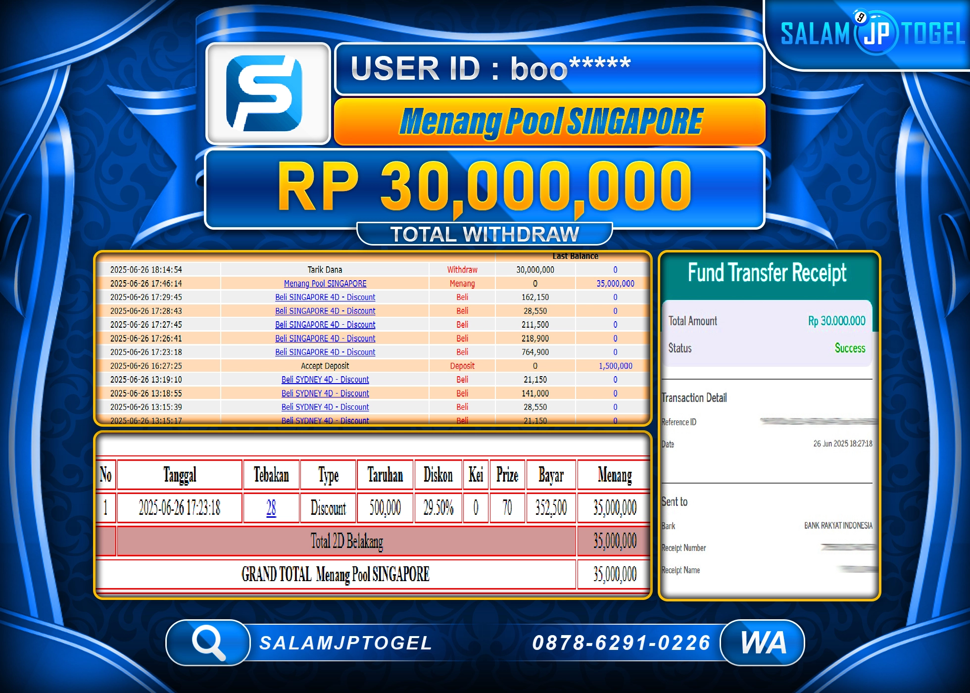 SALAMJPTOGEL MENANG POOL SINGAPORE Rp.30,000,000 LUNAS