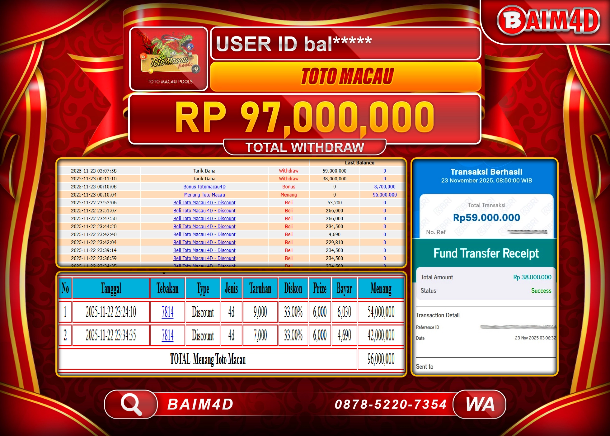 BAIM4D JACKPOT TOGEL TOTO MACAU 4D GAMES Rp.97,000,000 - LUNAS