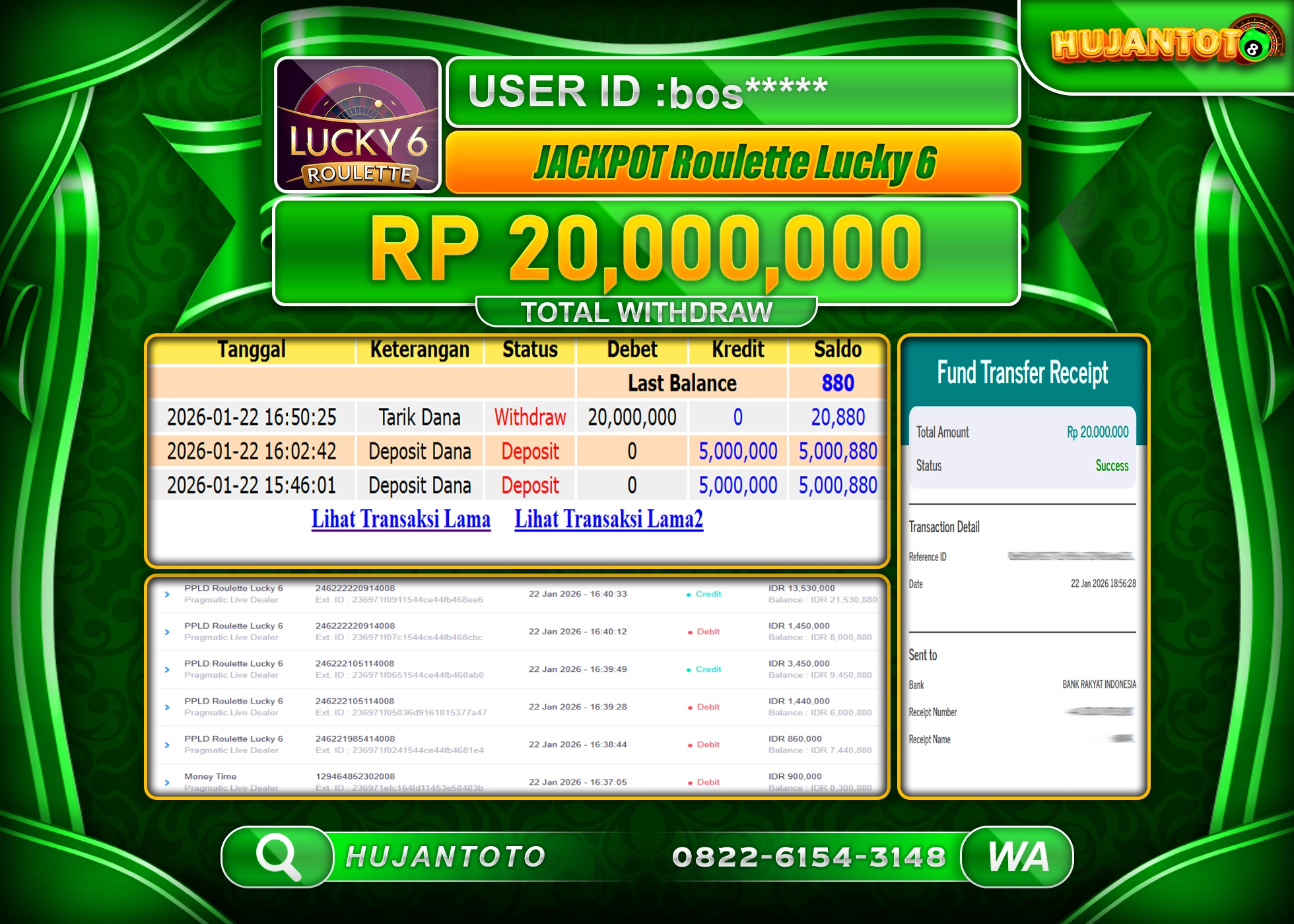 HUJANTOTO - BUKTI JACKPOT MENANG LIVEGAME ROULETTE LUCKY 6 Rp.20,000,000 - TERBAYAR LUNAS