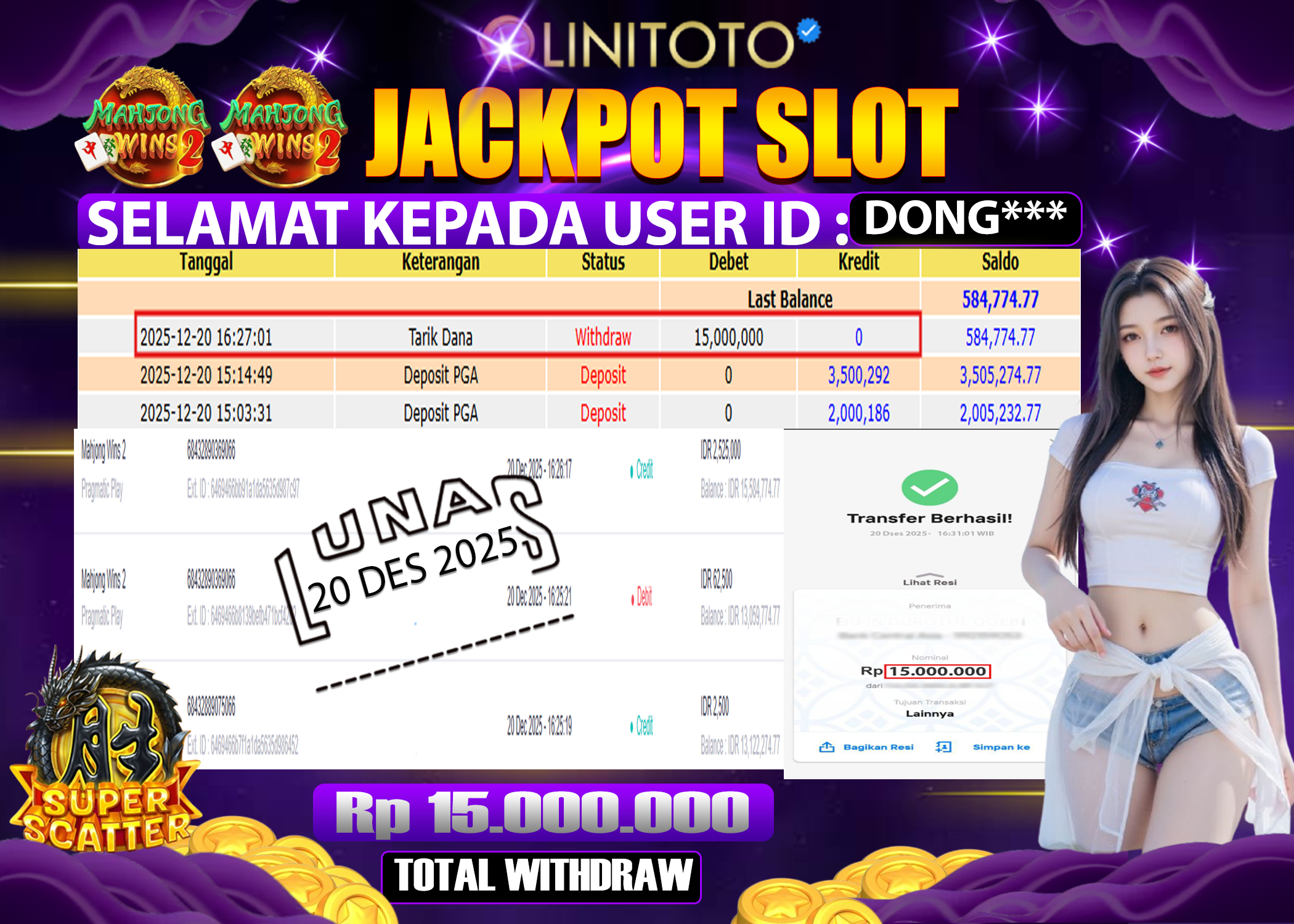 LINITOTO JACKPOT SLOT Mahjong Wins 2 Rp.15,000,000 - LUNAS