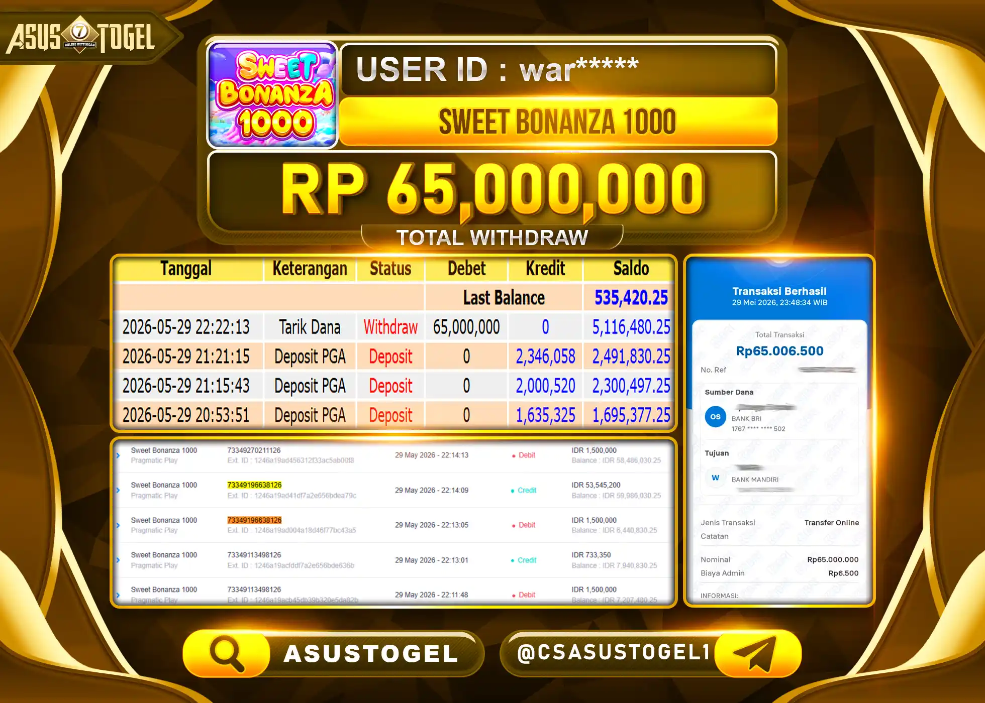 ASUSTOGEL KEMENANGAN JACKPOT SLOT SWEET BONANZA 1000 Rp.65,000,000 - RUPIAH LUNAS