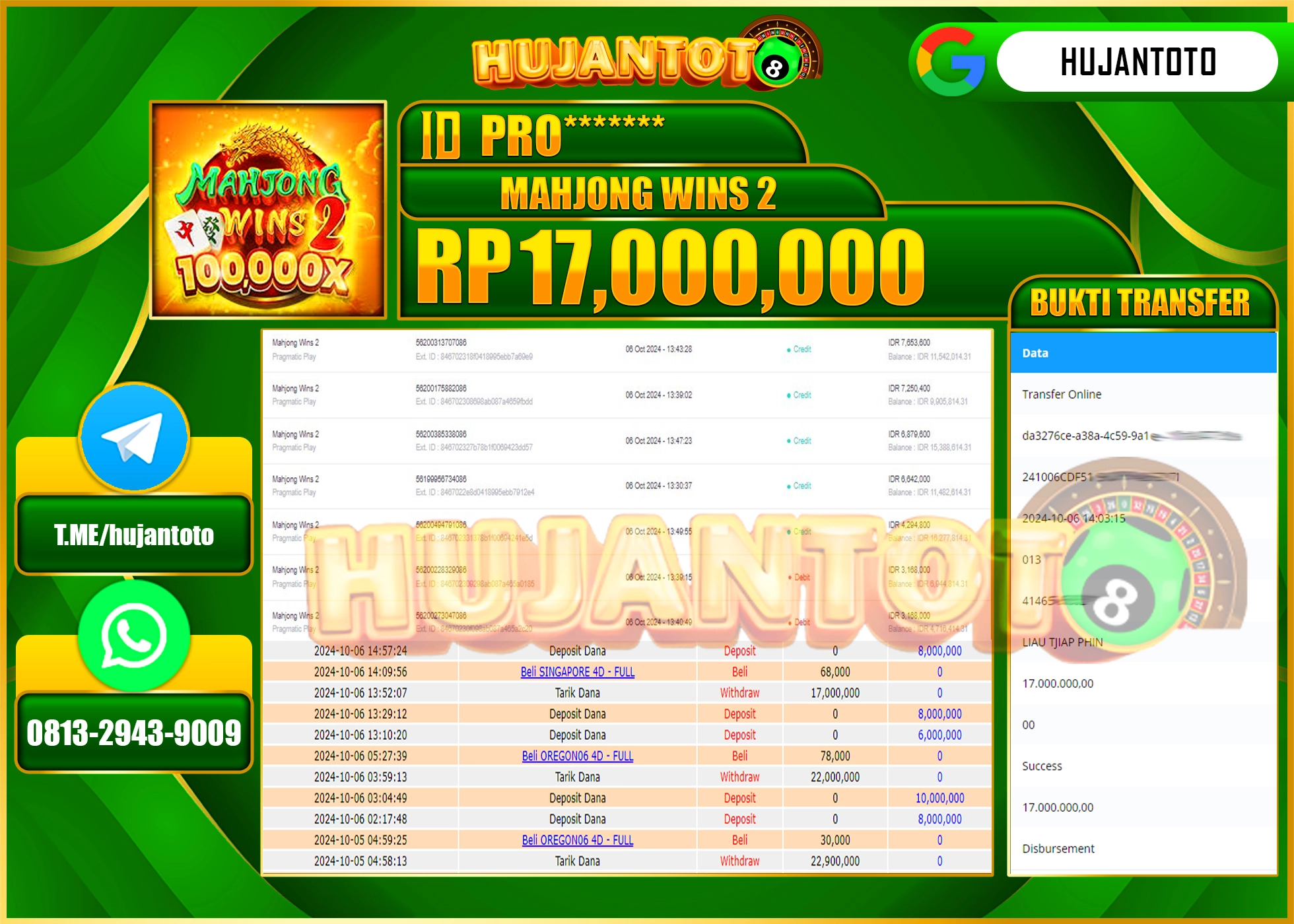 HUJANTOTO MENANG DI MAHJONG WINS 2 17,000,000 - LUNAS 