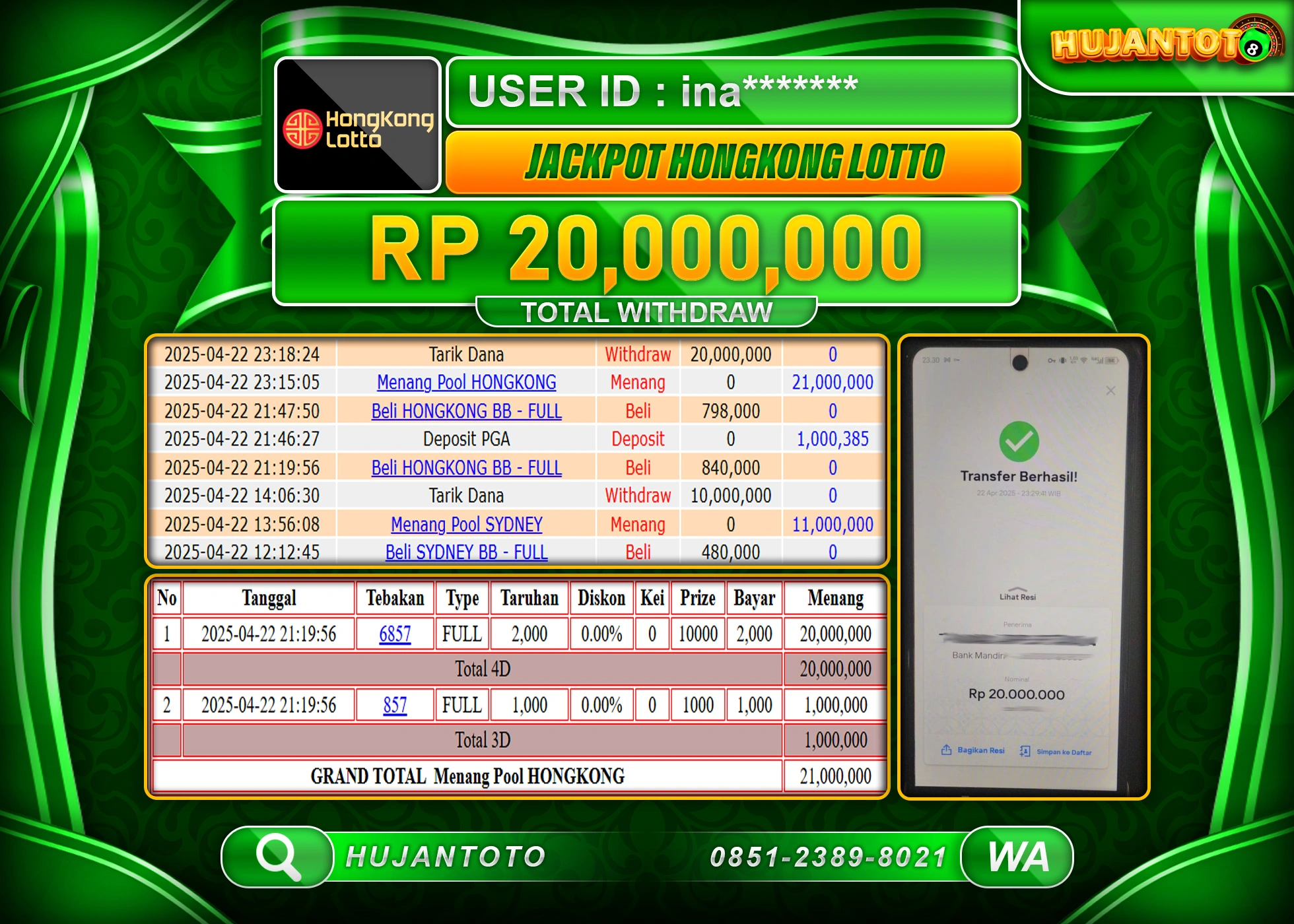 HUJANTOTO - BUKTI JACKPOT MENANG TOGEL HONGKONG LOTTO Rp,20,000,000 - TERBAYAR LUNAS