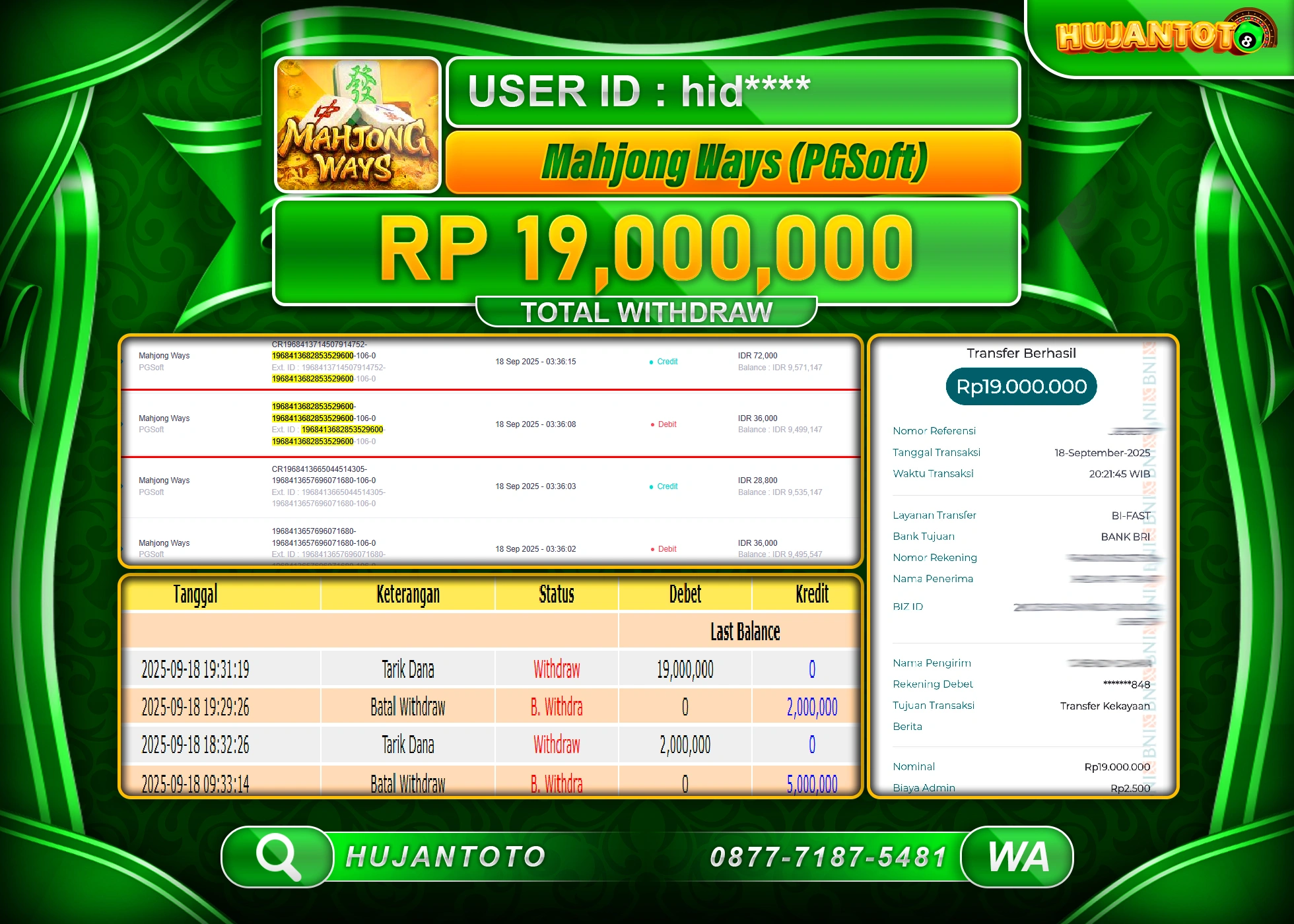 HUJANTOTO - BUKTI JACKPOT MENANG SLOT MAHJONG WAYS  Rp.19,000,000 - TERBAYAR LUNAS