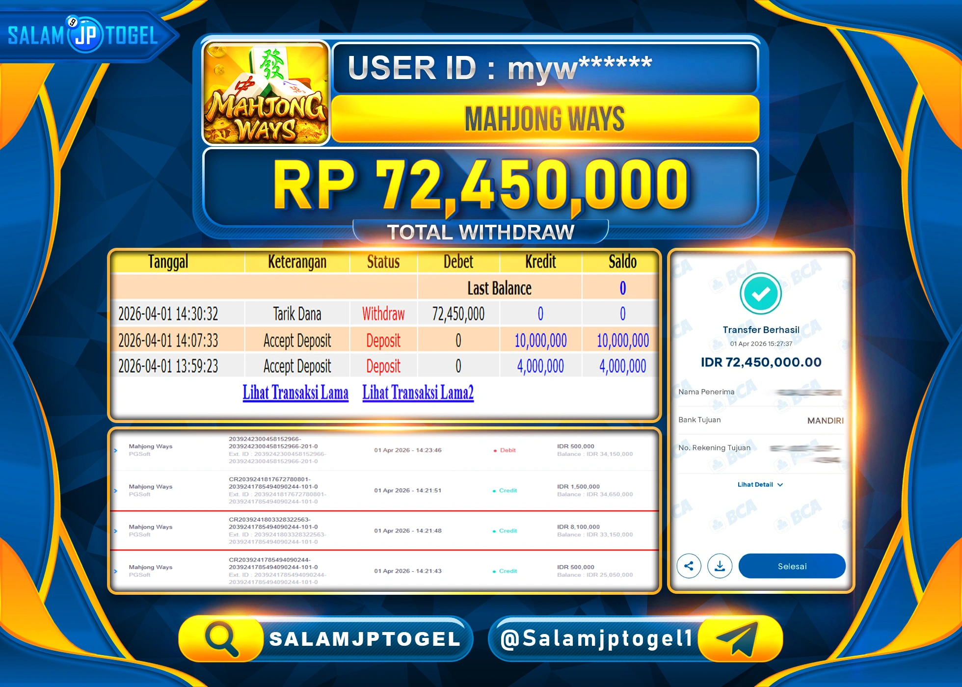 SALAMJPTOGEL MENANG JACKPOT SLOT MAHJONG WAYS  PGSOFT Rp.72,450,000 - LUNAS
