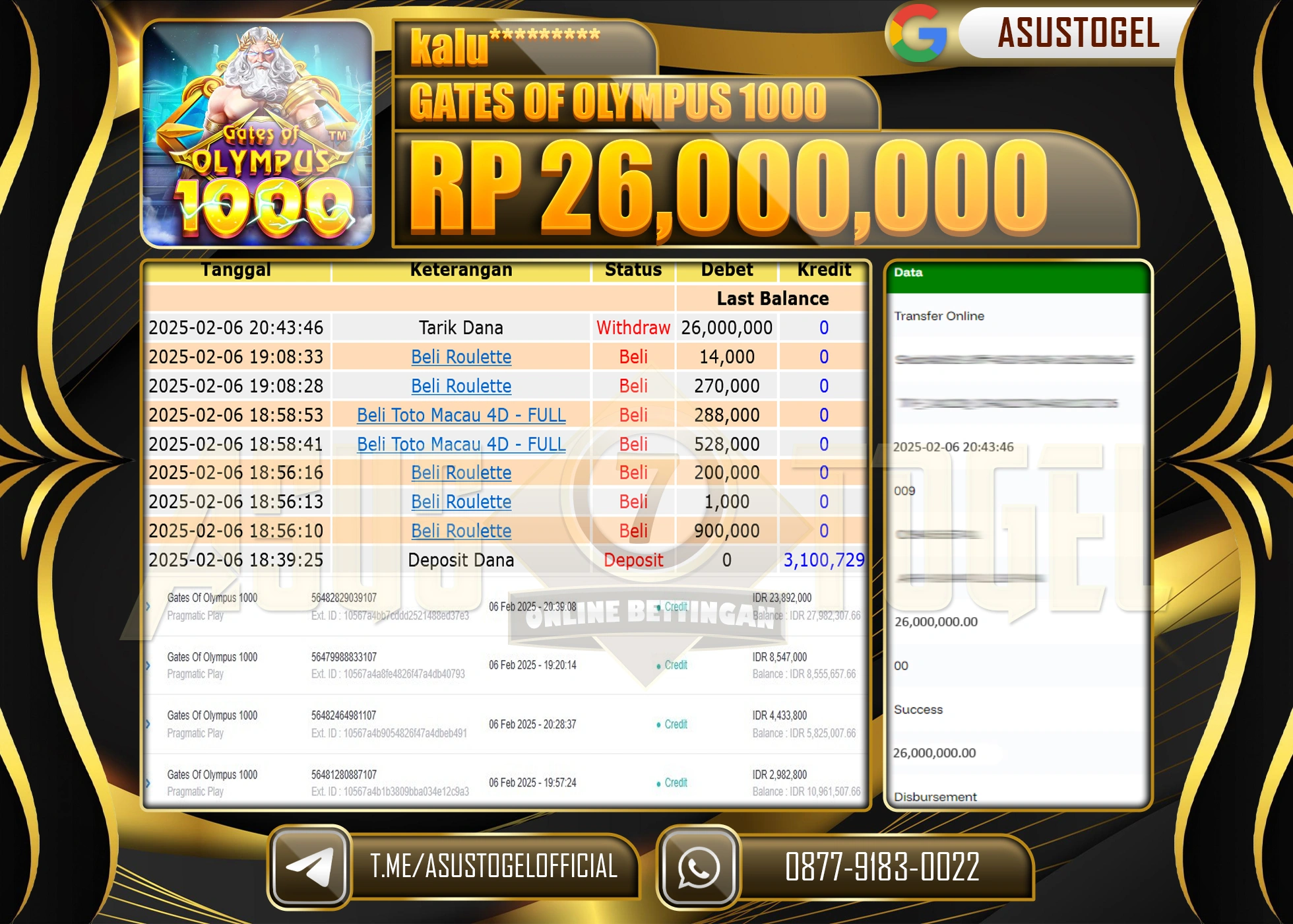 ASUSTOGEL KEMENANGAN DI GATES OF OLYMPUS 1000 SEBESAR 26,000,000 - RUPIAH LUNAS