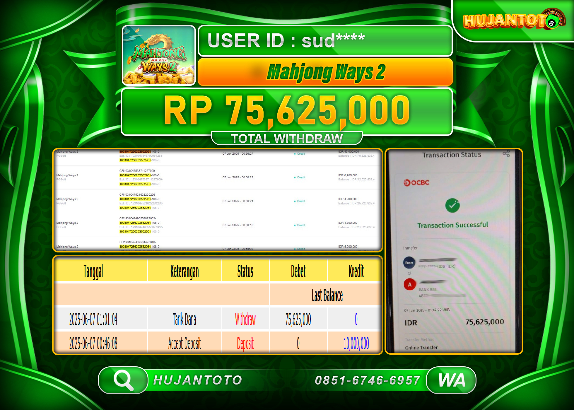 HUJANTOTO - BUKTI JACKPOT MENANG SLOT MAHJONG WAYS 2 Rp,75,625,000 - TERBAYAR LUNAS