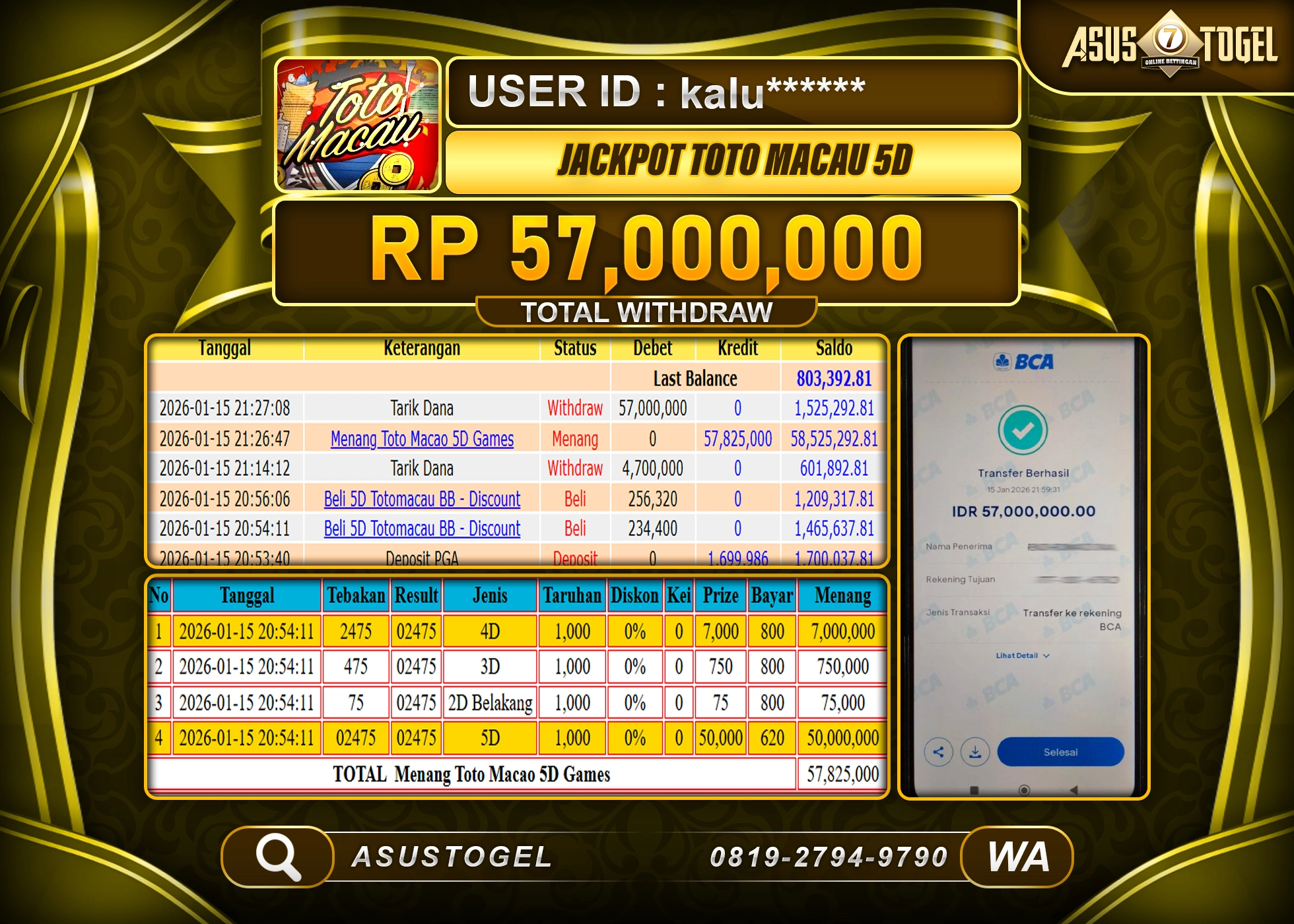 ASUSTOGEL KEMENANGAN DI TOGEL TOTO MACAU 5D SEBESAR 57,000,000 - RUPIAH LUNAS