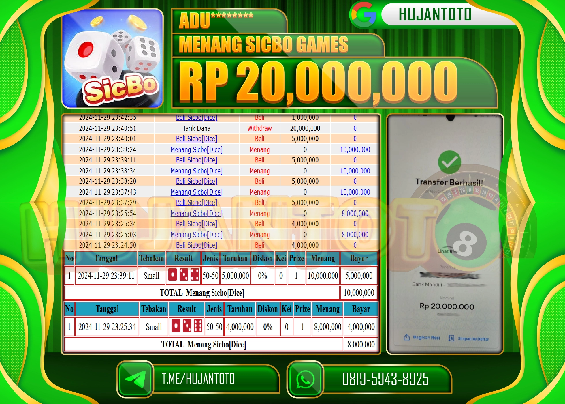 HUJANTOTO MENANG BESAR DI RAIH  PERMAINAN LIVE GAME DI  SICBO DICE SEBESAR  20.000.000 - LUNAS 