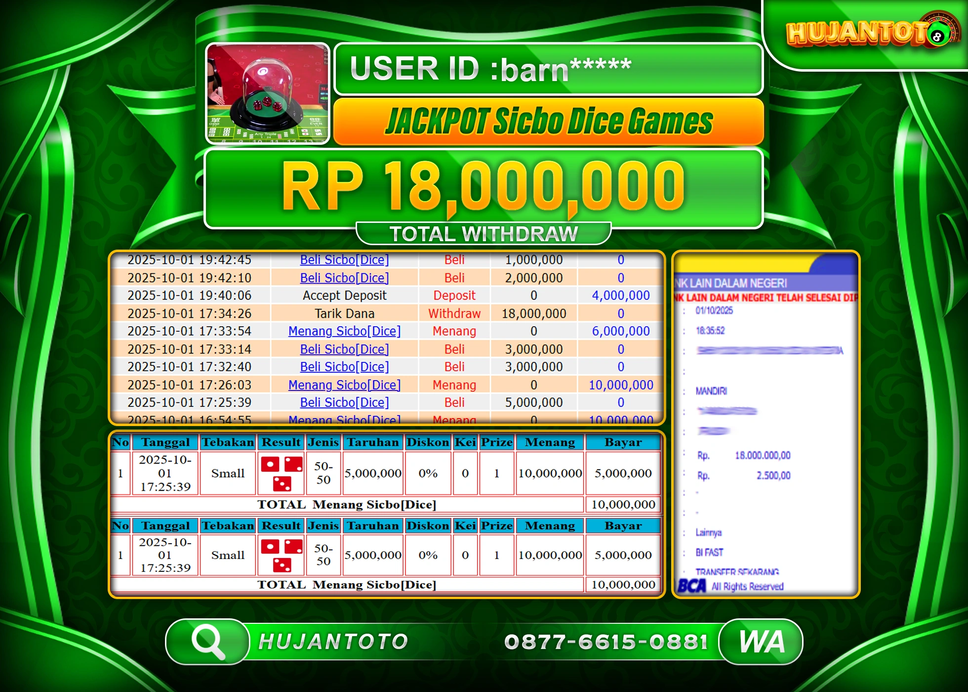 HUJANTOTO - BUKTI JACKPOT MENANG LIVEGAME SICBO DICE Rp.18,000,000  - TERBAYAR LUNAS