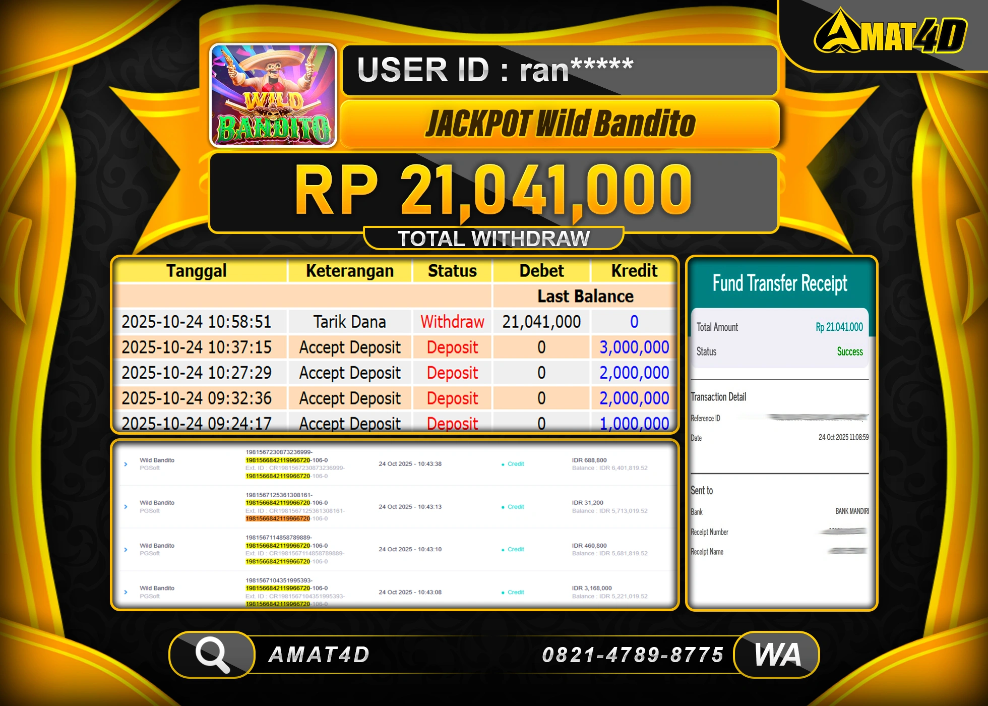 AMAT4D KEMENANGAN DI SLOT  JACKPOT WILD BANDITO Rp.21.041.000 BERHASIL TERBAYAR LUNAS