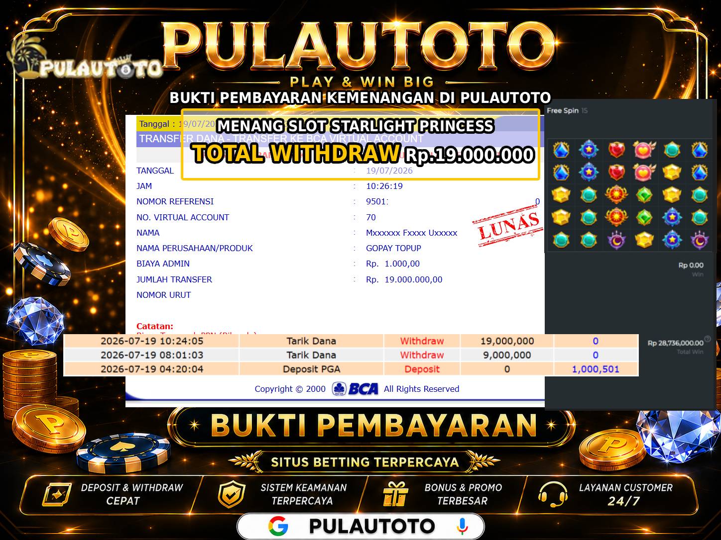 🏆 BUKTI KEMENANGAN MEMBER PULAUTOTO SLOT STARLIGHT PRINCESS🏆