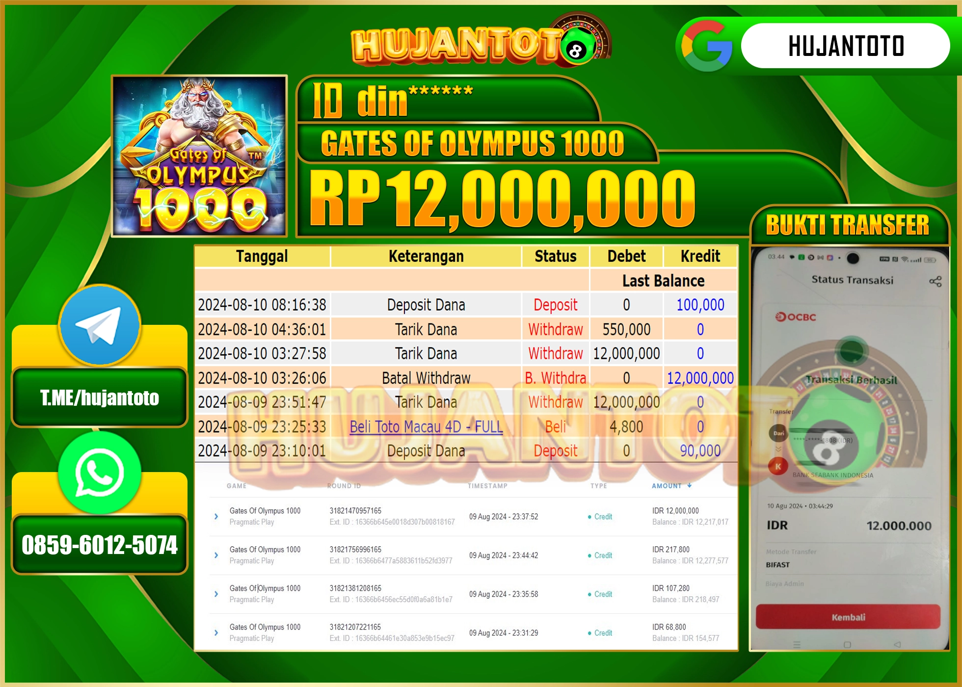HUJANTOTO MENANG BESAR DI PERMAINAN GATES OF OLYMPUS 1000 12.000.000 - LUNAS 
