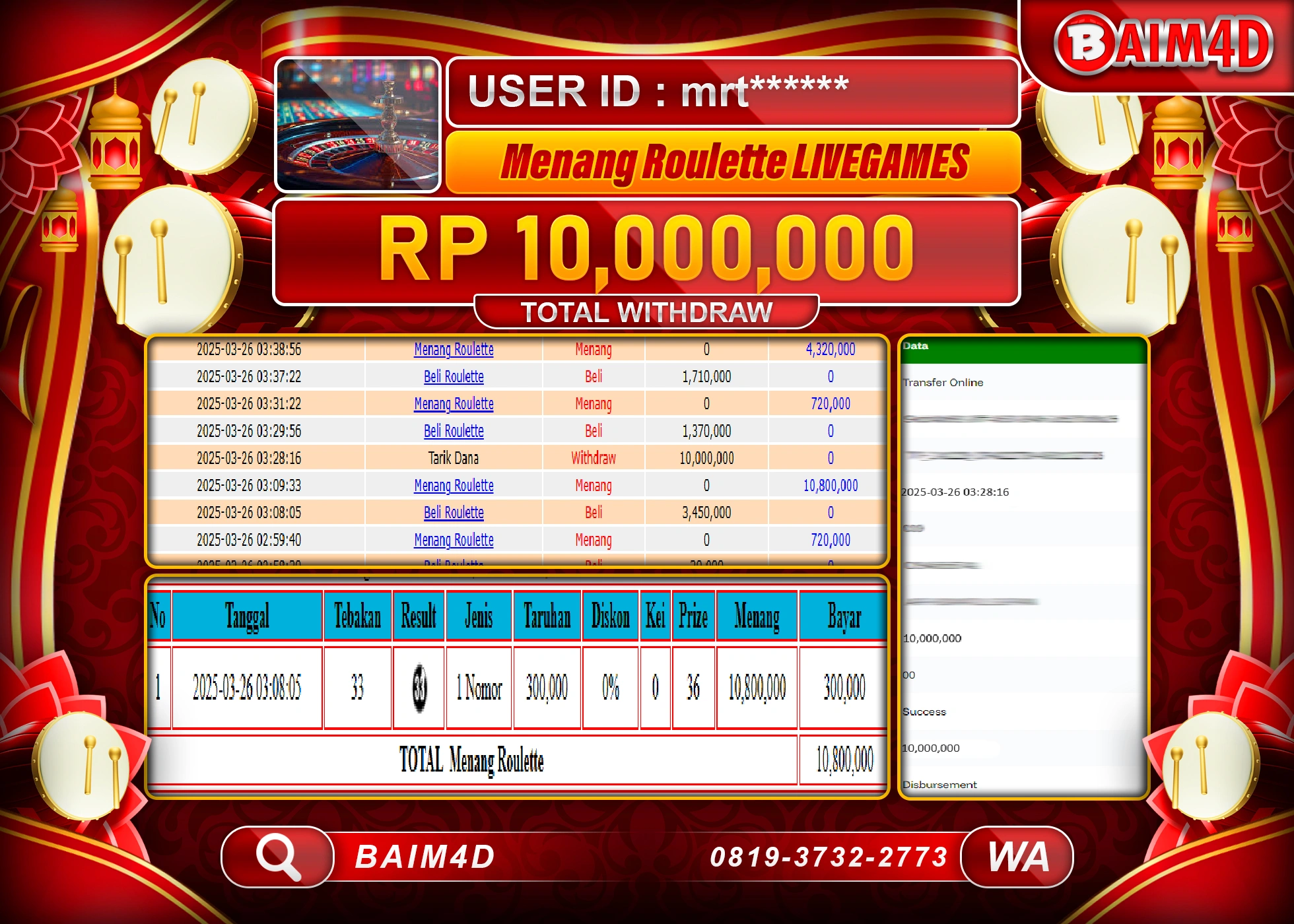 BAIM4D  MENANG ROULLETE LIVE GAMES3 Rp.10.000,000.- LUNAS