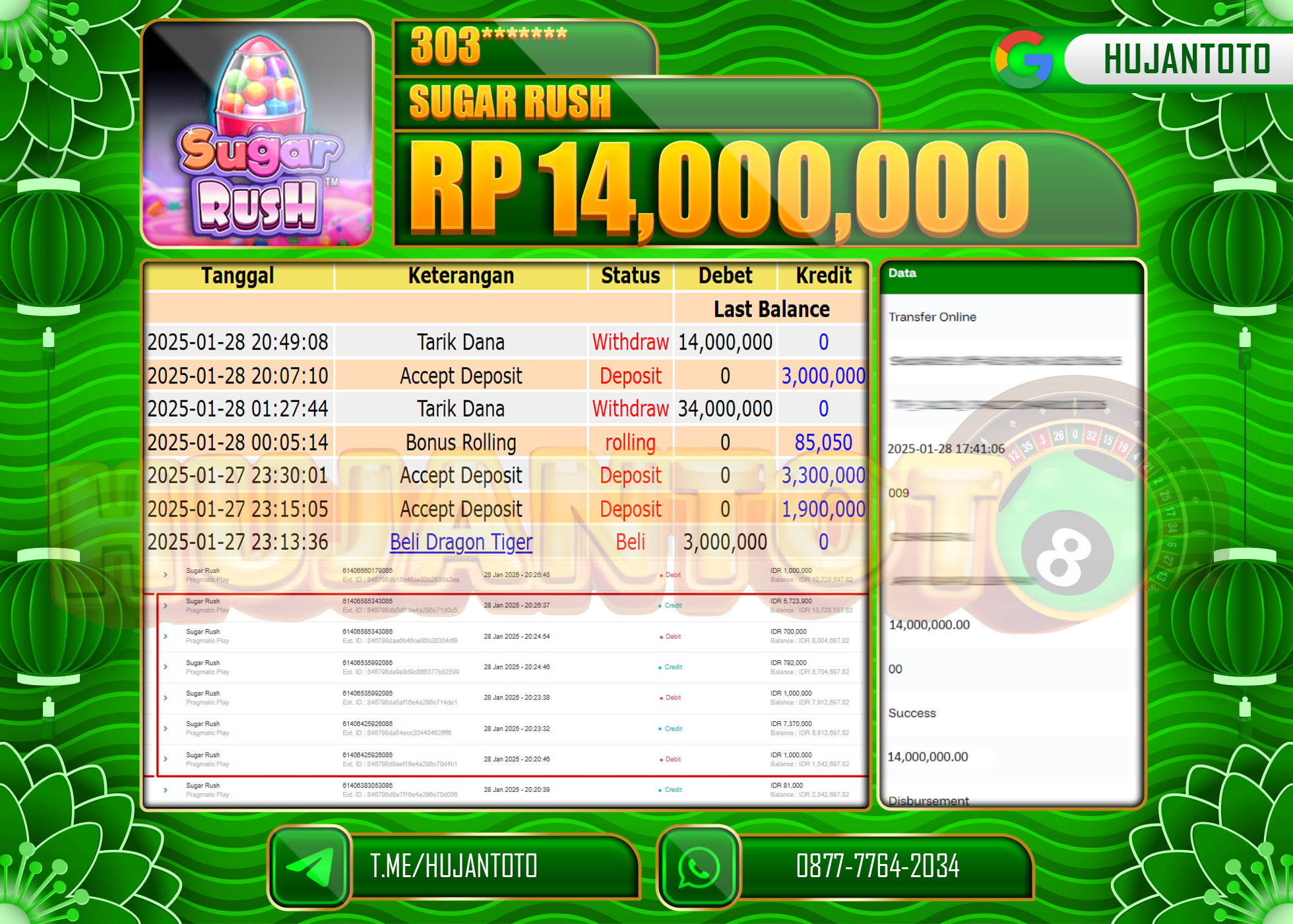 HUJANTOTO - BUKTI JACKPOT MENANG SLOT PRAGMATIC SUGAR RUSH, Rp,14,000,000 - TERBAYAR LUNAS