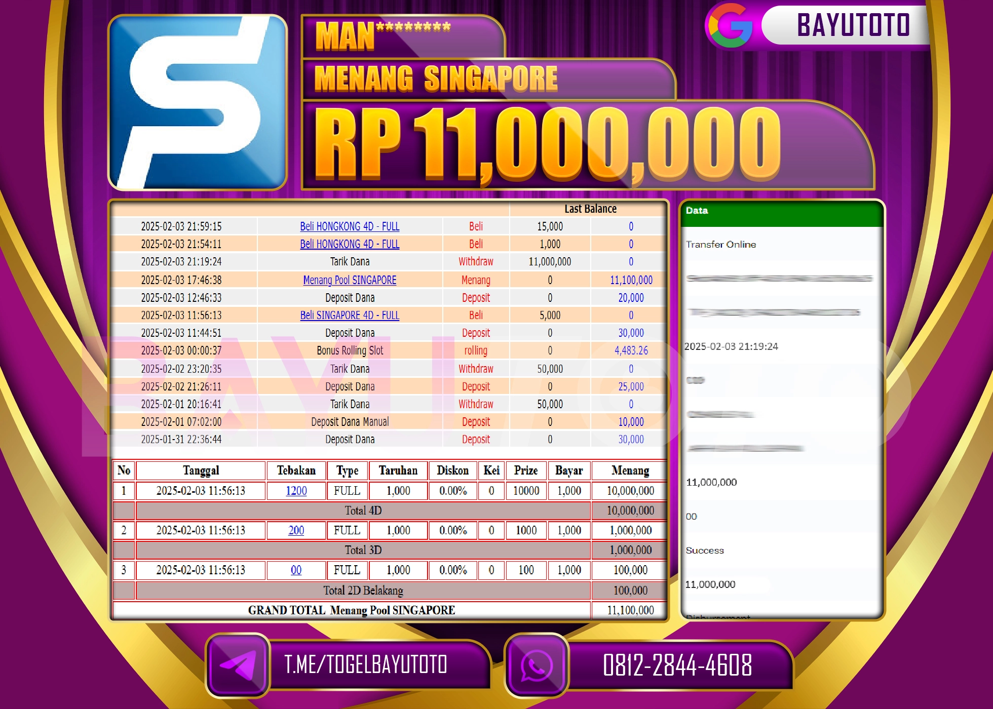 BAYUTOTO JACKPOT DI TOGEL PASARAN SINGAPORE  Rp.11.000.000 LUNAS