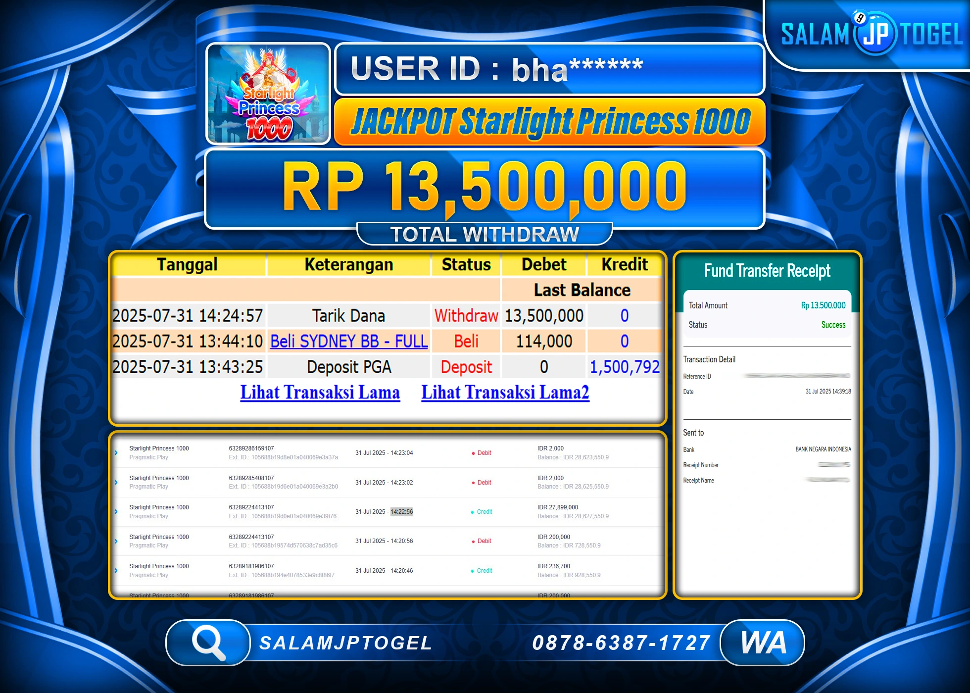 SALAMJPTOGEL MENANG Starlight Princess 1000  Rp.13,500,000