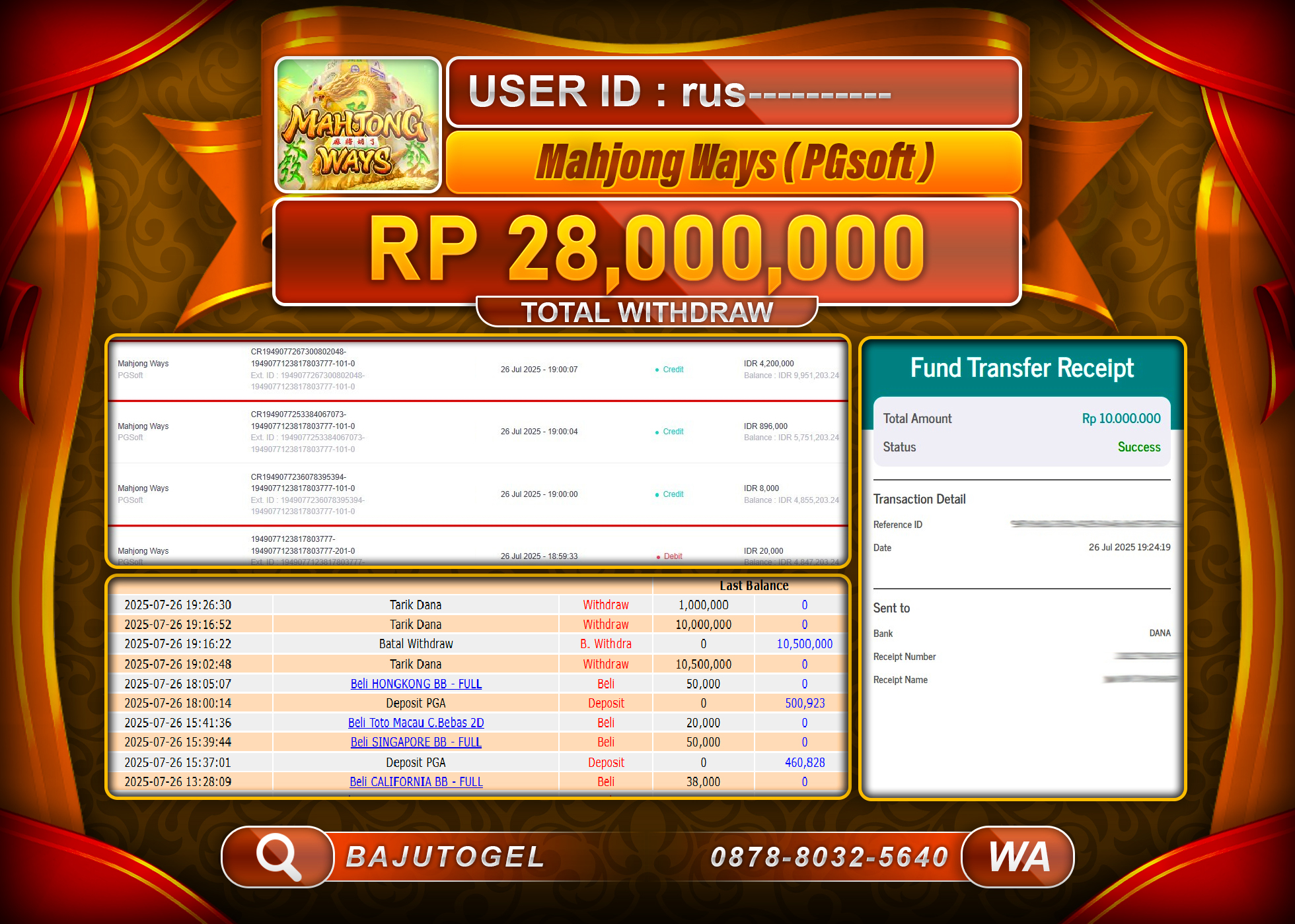 BAJUTOGEL KEMENANGAN MAHJONG WAYS (PGSOFT) Rp.28.000.000 LUNAS