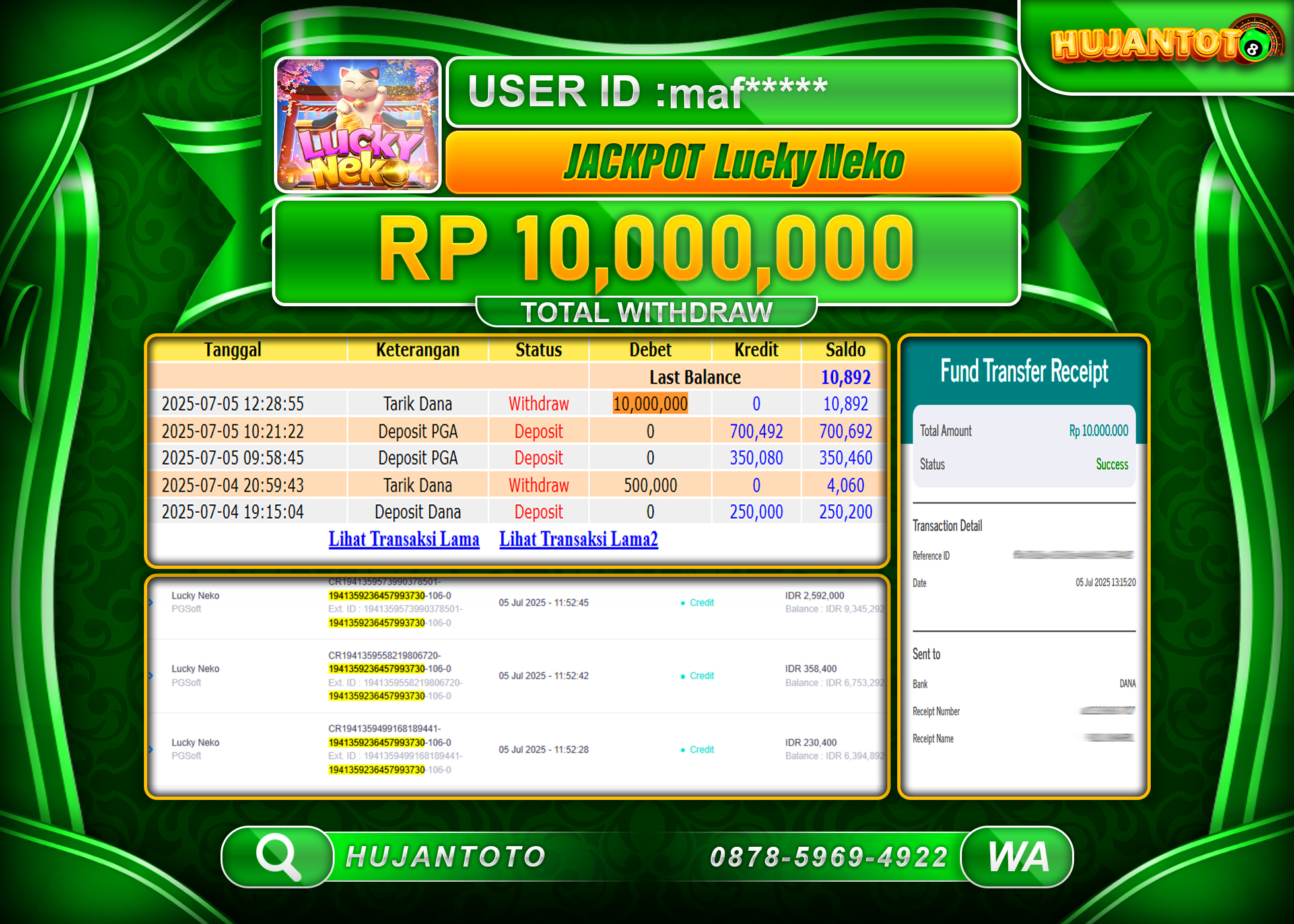 HUJANTOTO - BUKTI JACKPOT MENANG  DI SLOT LUCKY NEKO PG SOFT Rp.10,000,000 - TERBAYAR LUNAS