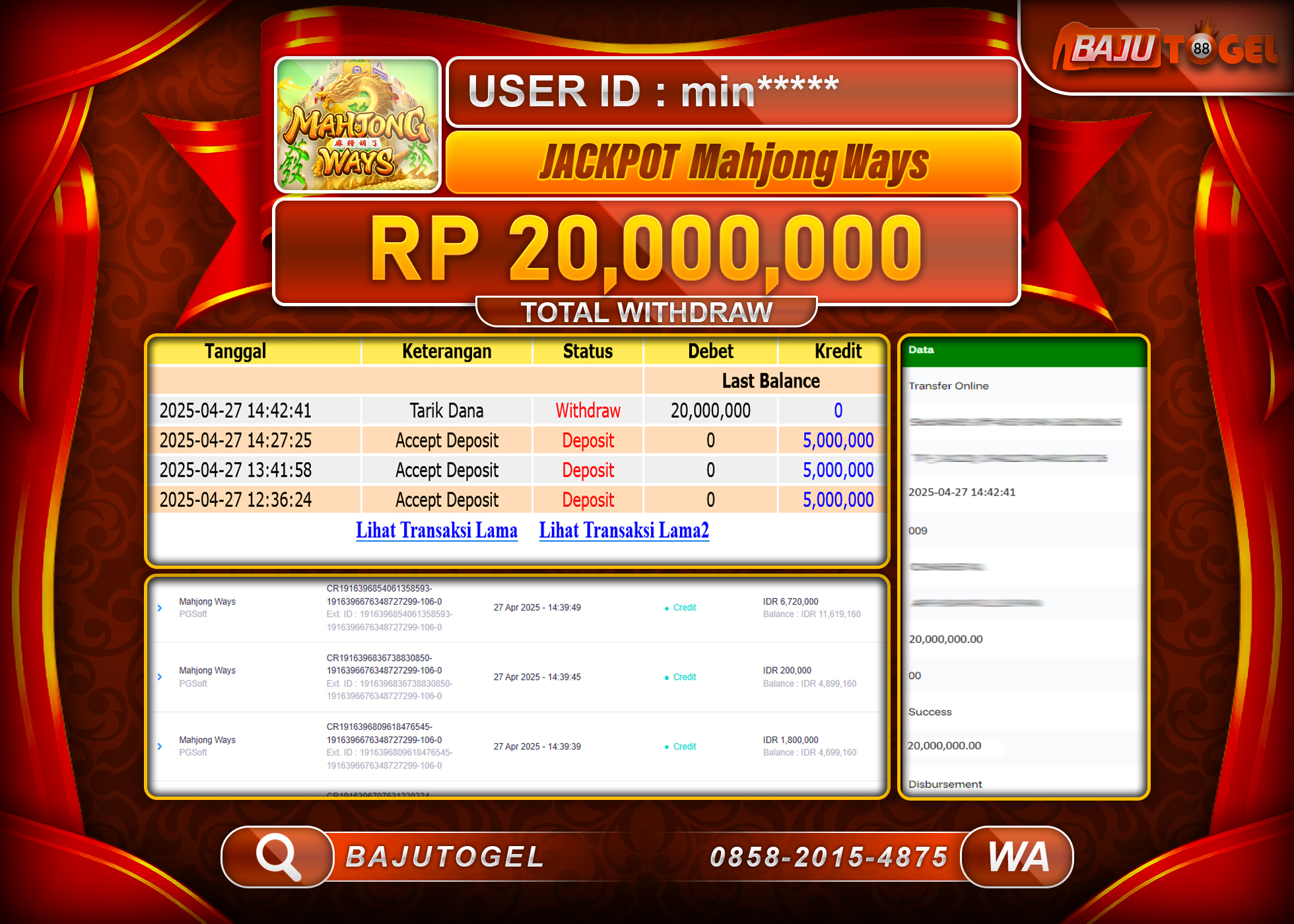 BAJUTOGEL KEMENANGAN MAHJONG WAYS Rp.20.000.000 LUNAS