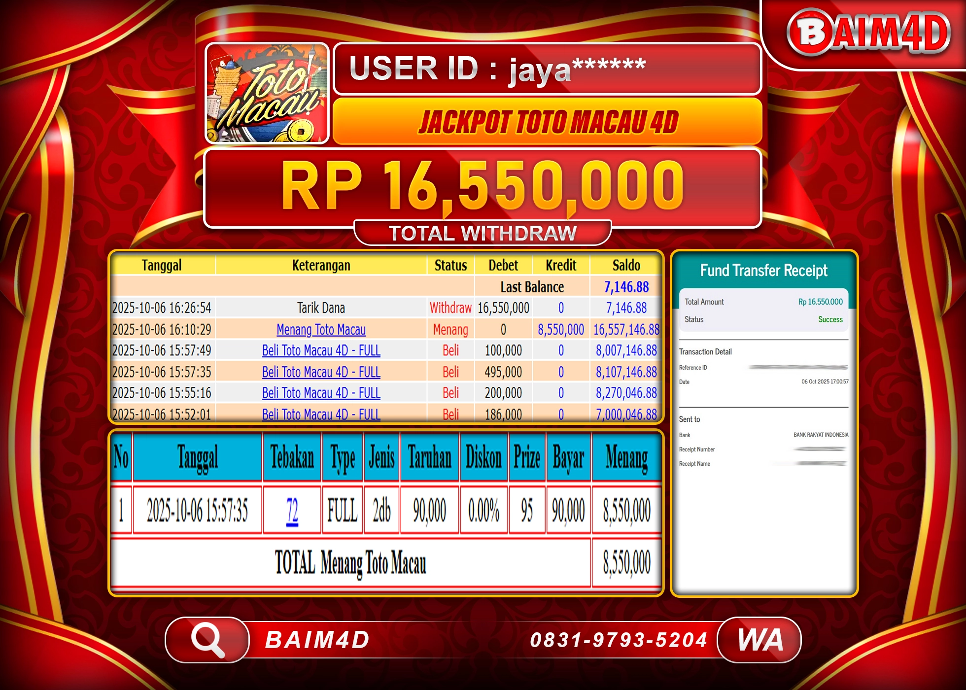 BAIM4D JACKPOT TOGEL TOTO MACAU 4D GAMES Rp.16,550,000.- LUNAS