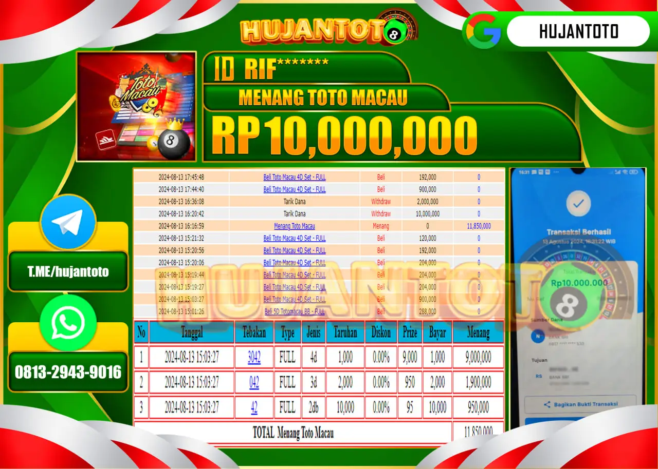 HUJANTOTO MENANG BESAR DI PERMAINAN TOTO MACAU 4D 10.000.000  - LUNAS 