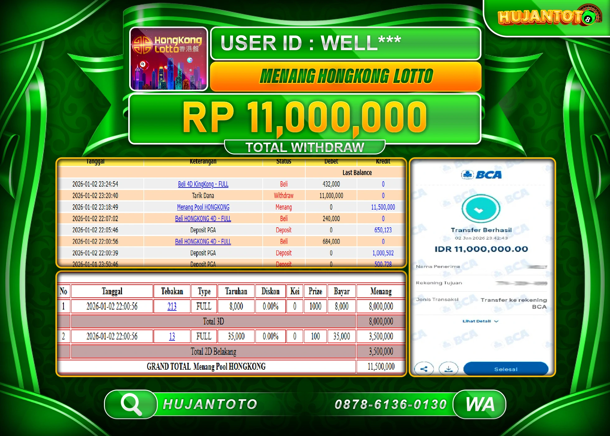 HUJANTOTO - BUKTI JACKPOT MENANG TOGEL HONGKONG LOTTO Rp.11,000,000 - TERBAYAR LUNAS