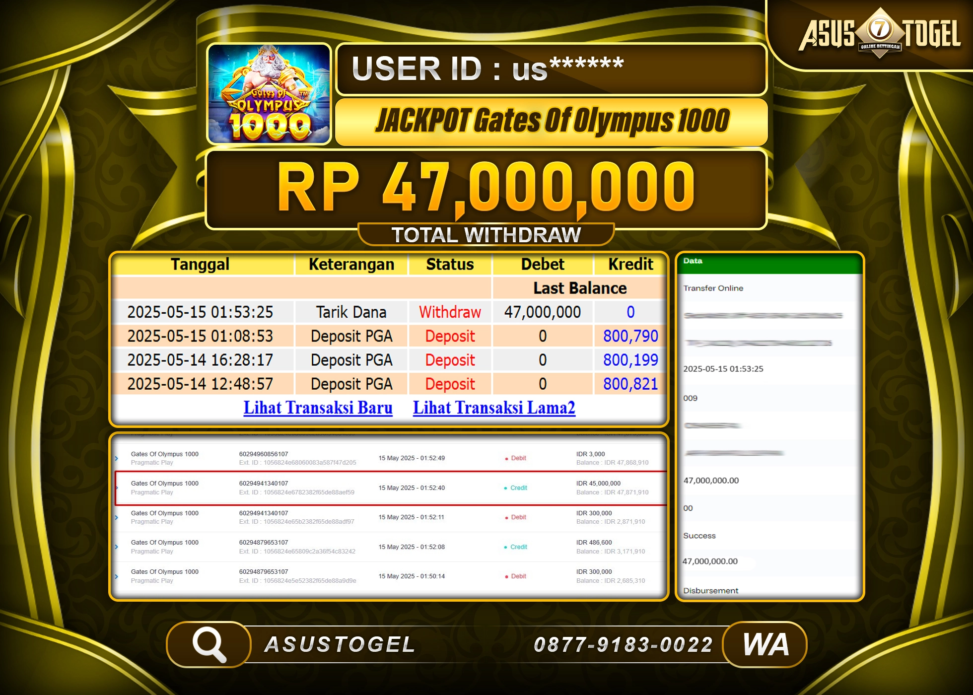  ASUSTOGEL KEMENANGAN DI SLOT GATES OF OLYMPUS 1000 SEBESAR 47,000,000- RUPIAH LUNAS