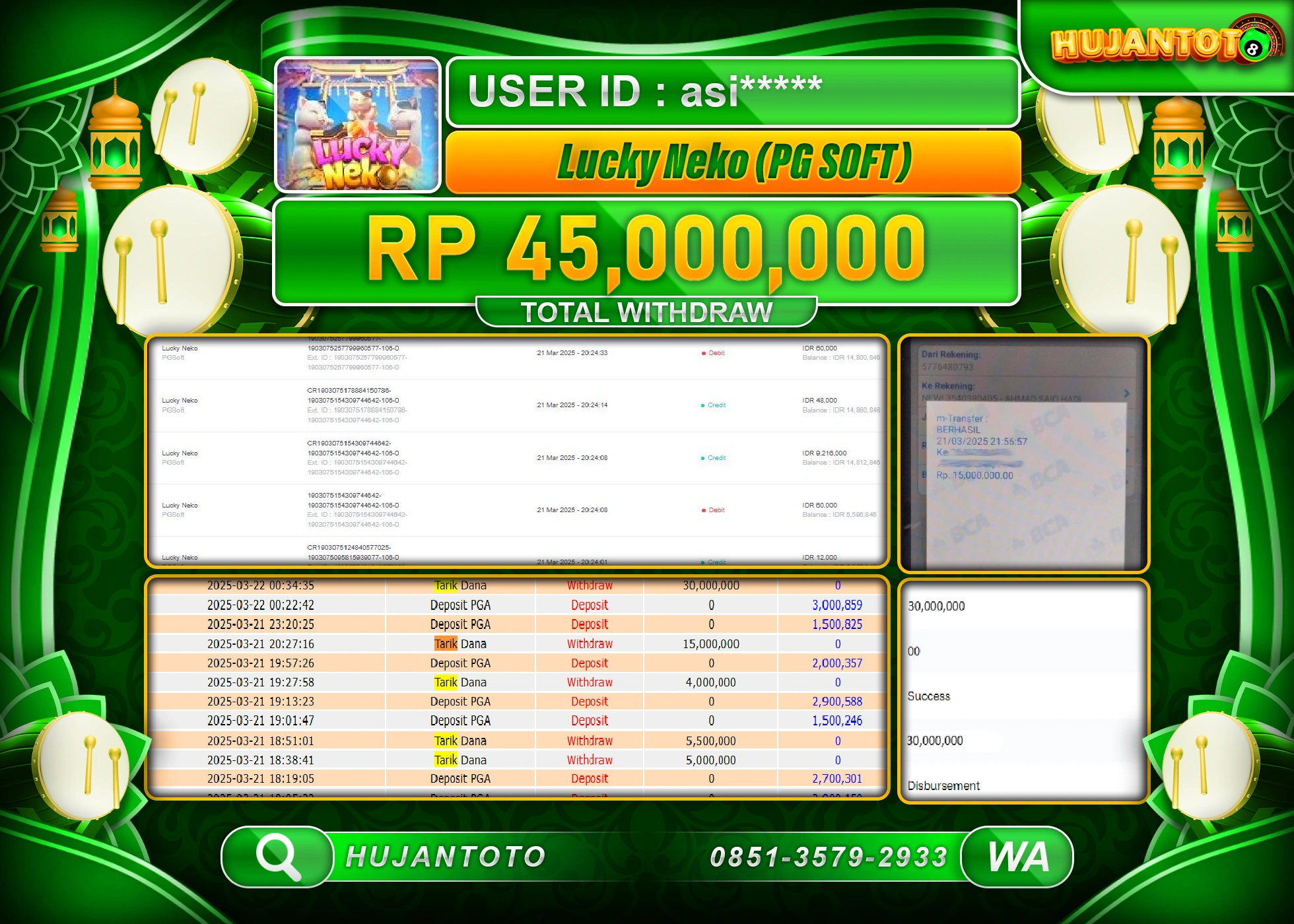 HUJANTOTO - BUKTI JACKPOT MENANG SLOT LUCKY NEKO PG SOFT Rp,45,000,000 - TERBAYAR LUNAS