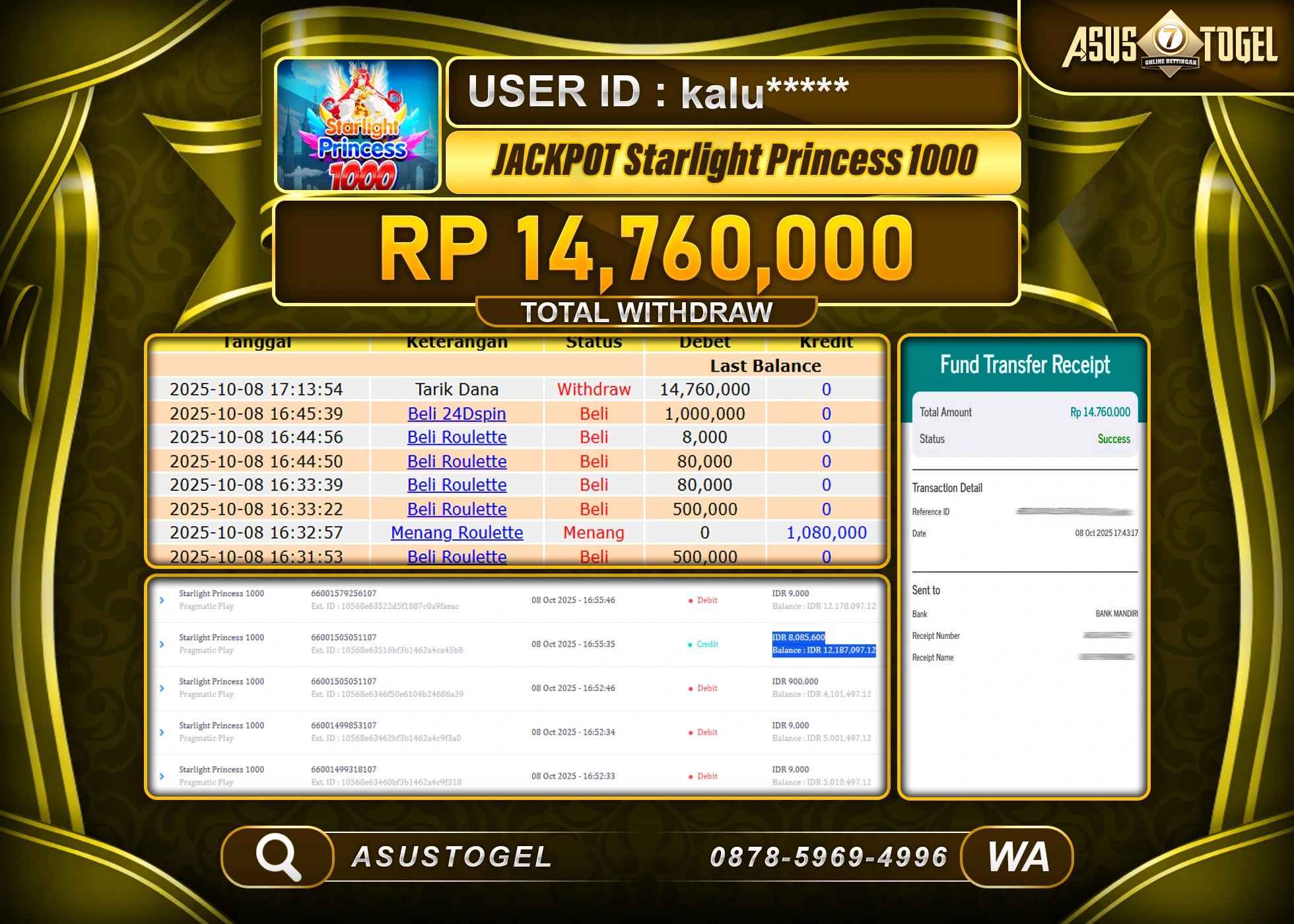 ASUSTOGEL KEMENANGAN DI Starlight Princess 1000 Pragmatic Play SEBESAR 14,760,000- RUPIAH LUNAS