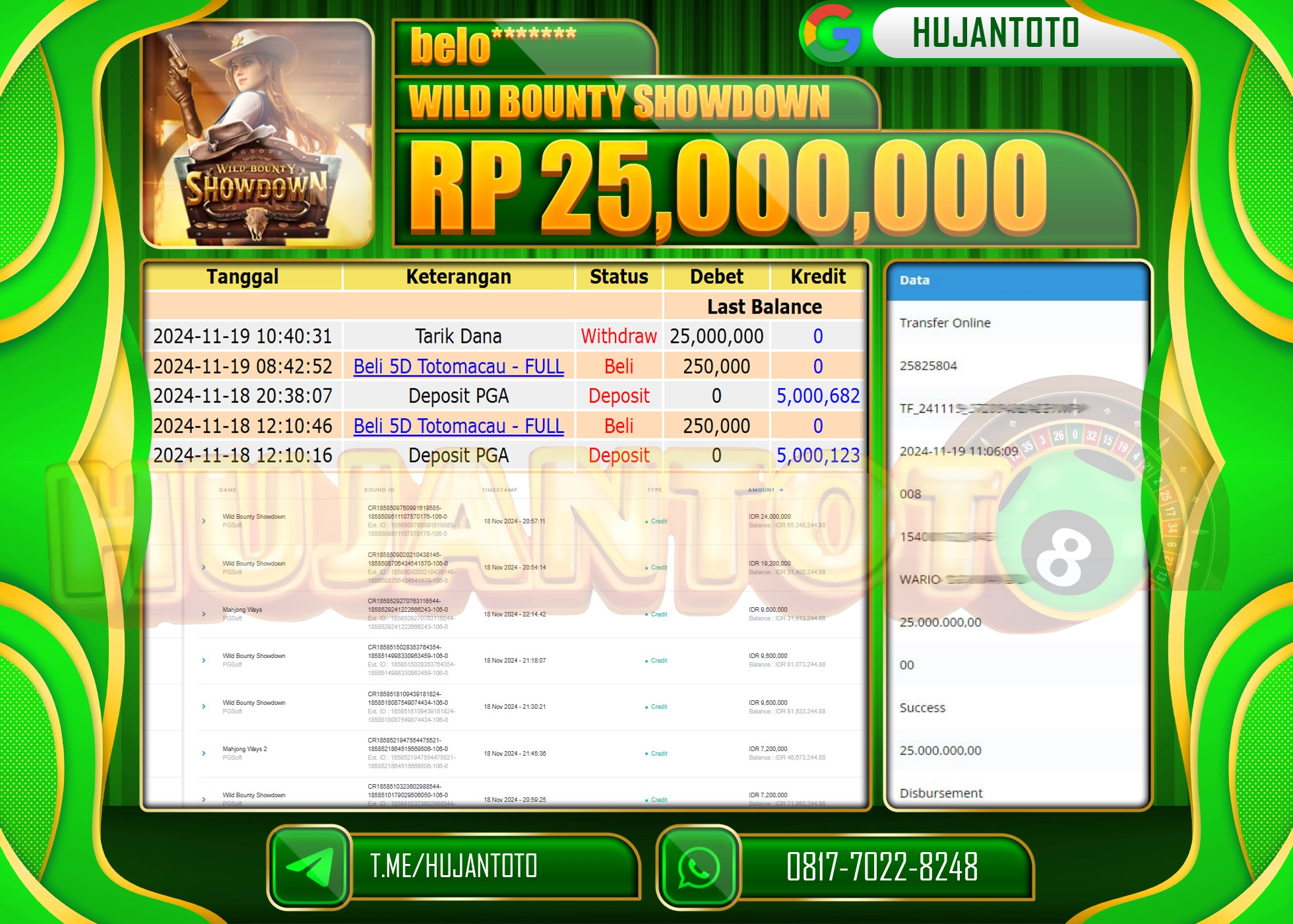 HUJANTOTO MENANG DI RAIH DI  SLOT WILD BOUNTY SHOWDOWN SEBESAR - 25,000,000 - LUNAS